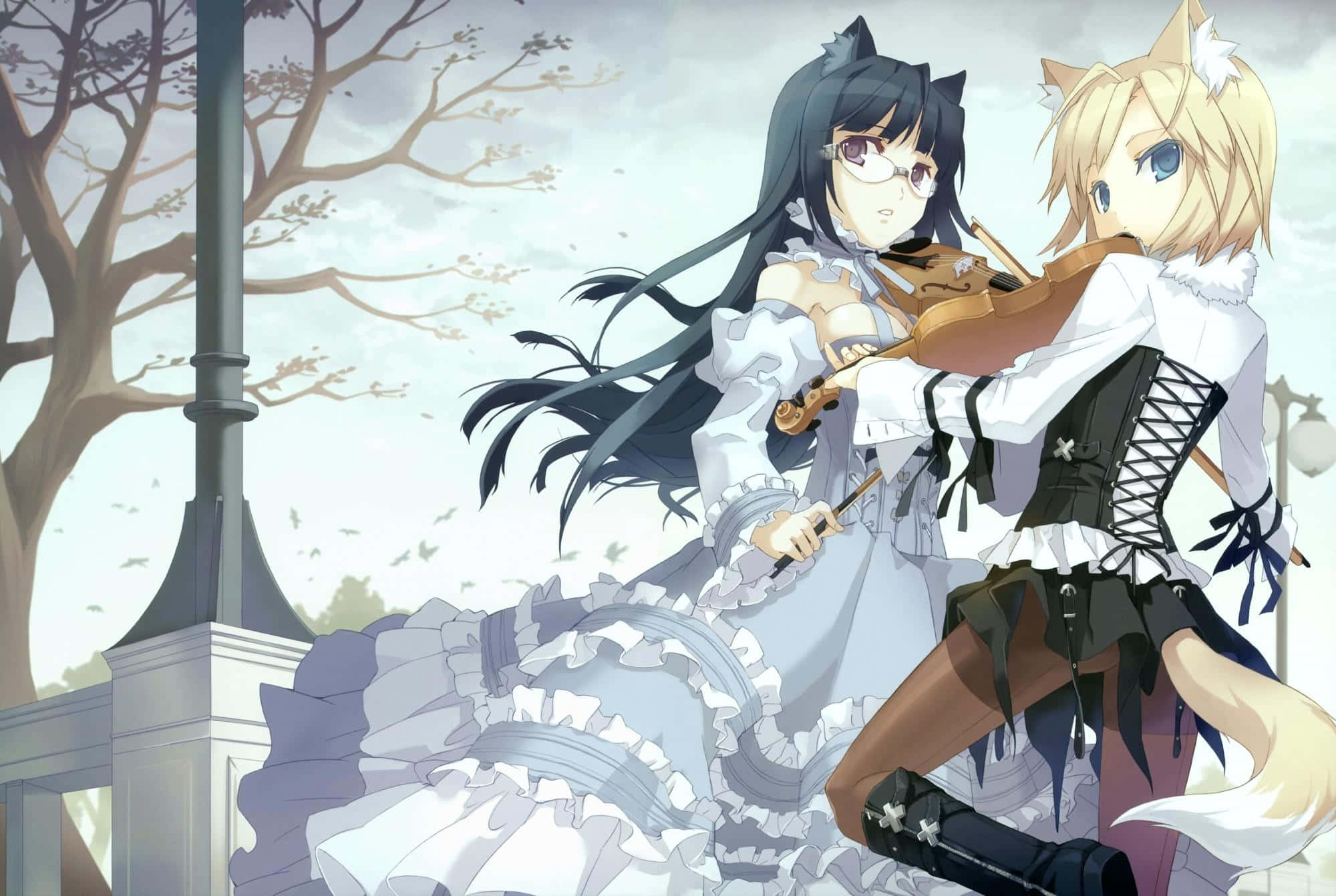 Elegant Neko Violinist and Friend, anime girls with cat ears, violin, Full HD Desktop Wallpaper
