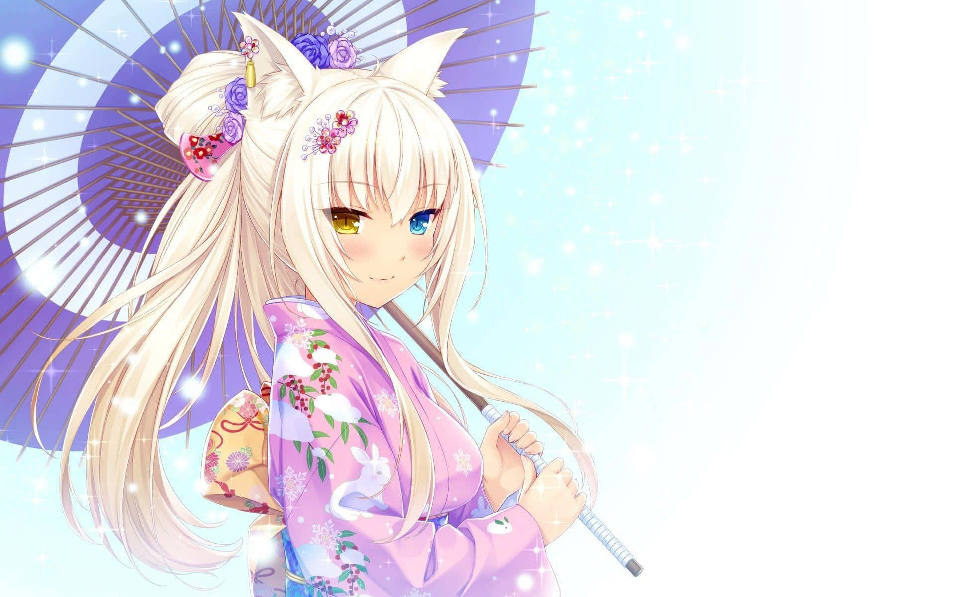 Neko Girl, traditional Japanese attire, fox ears, Full HD Desktop Wallpaper