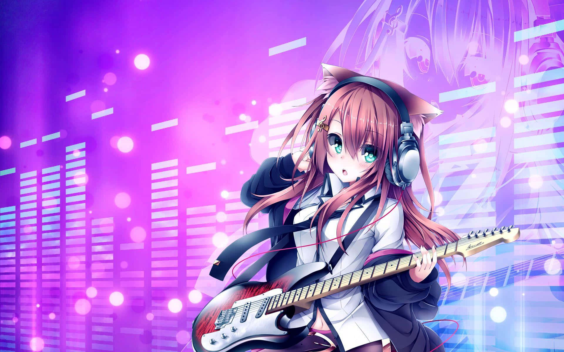 anime musician neko girl, cat ears, headphones, Full HD Desktop Wallpaper