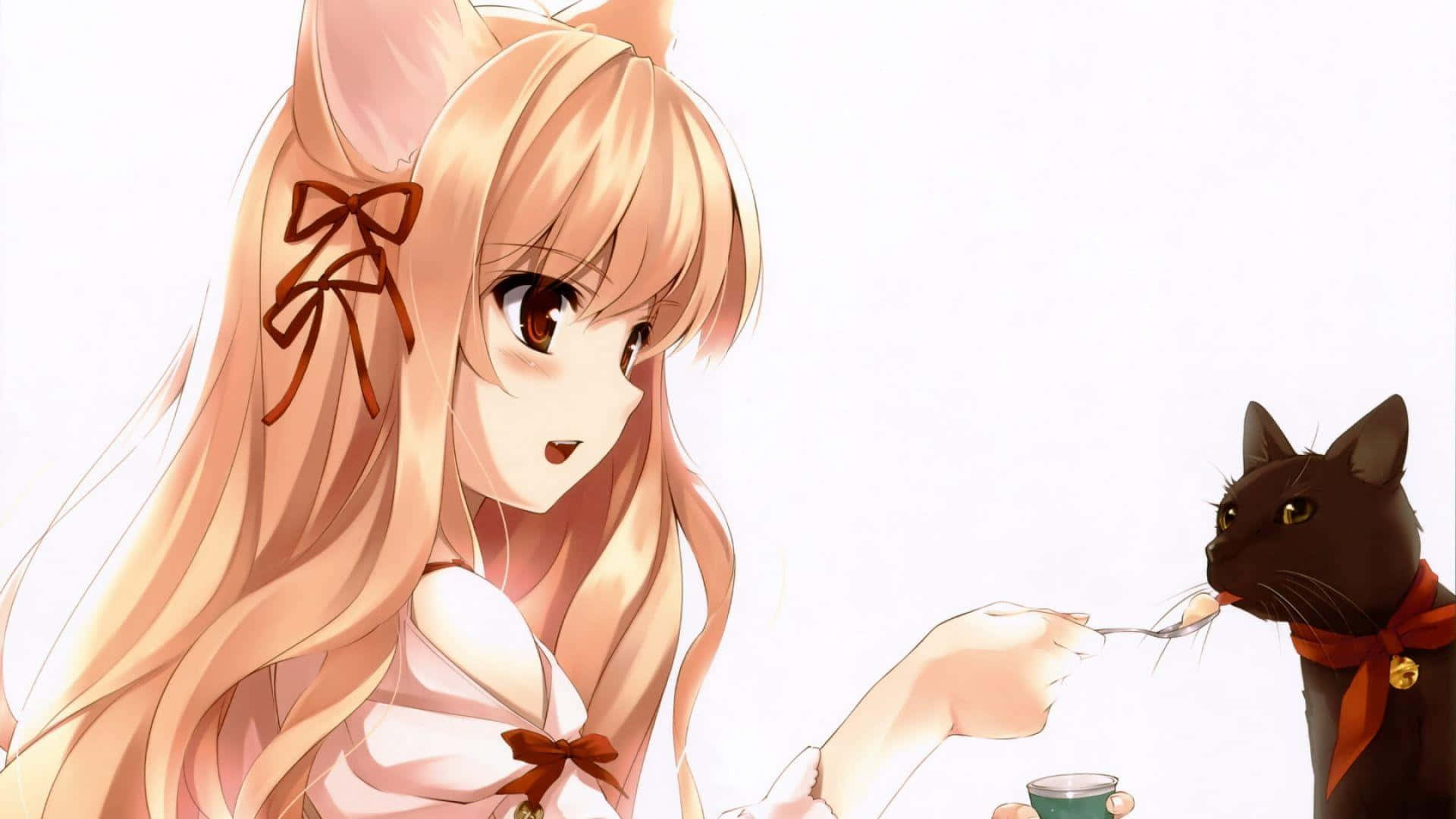 Neko Girl, fox ears, black cat, Full HD Desktop Wallpaper