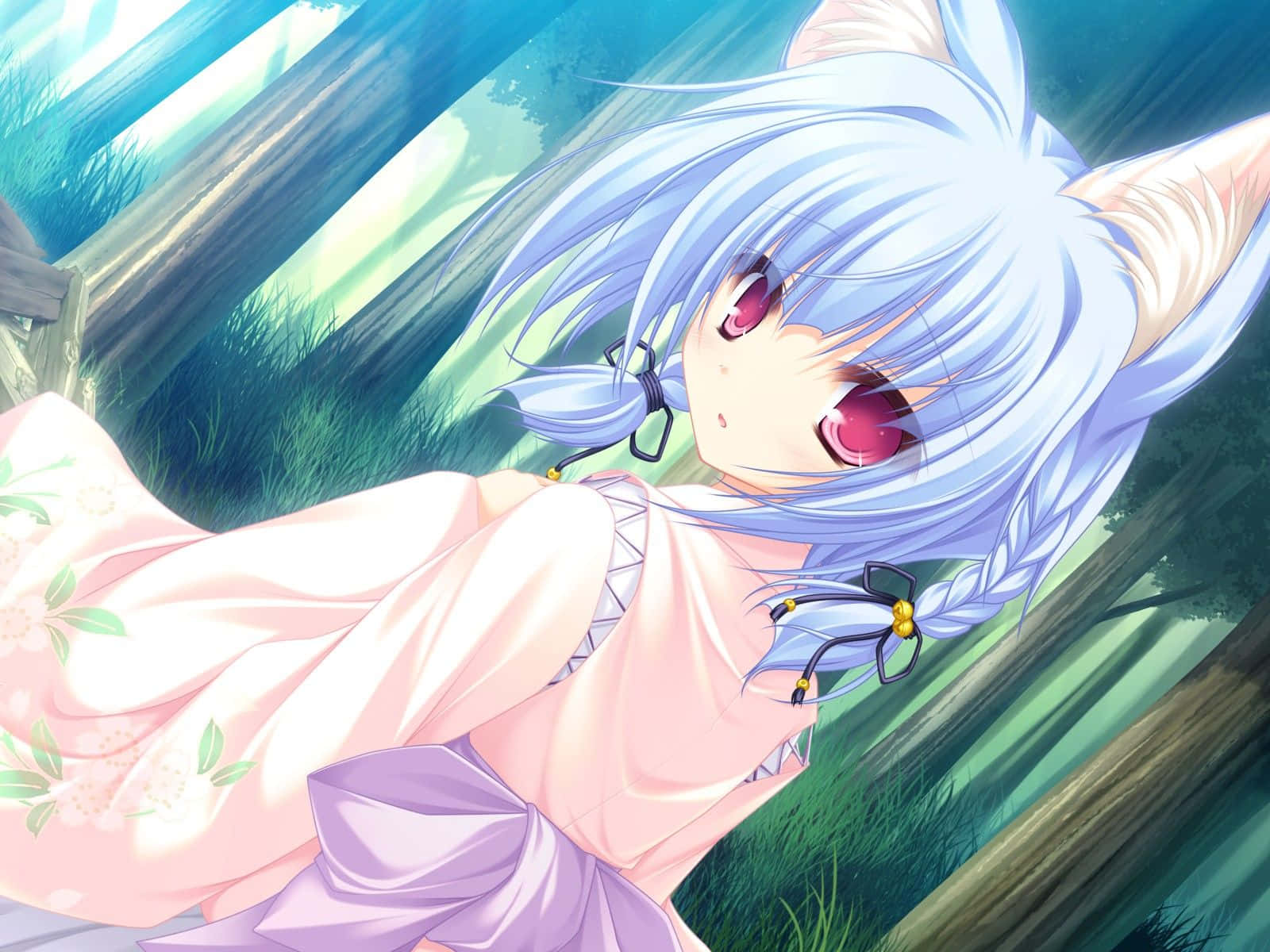 blue-haired anime neko girl, fox ears, red eyes, HD Desktop Wallpaper