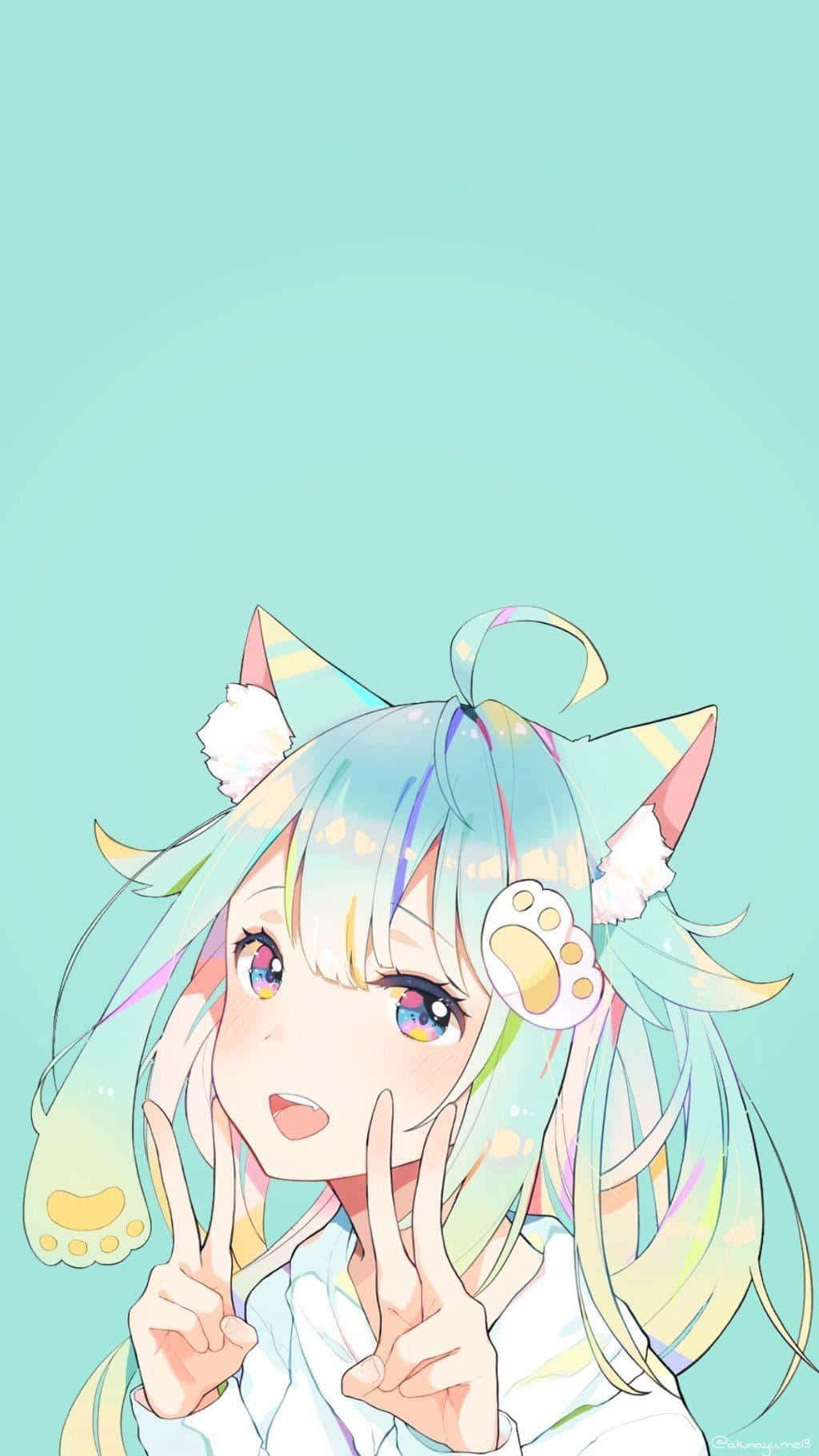 anime girl, pastel blue hair, cat ears, HD Phone Wallpaper
