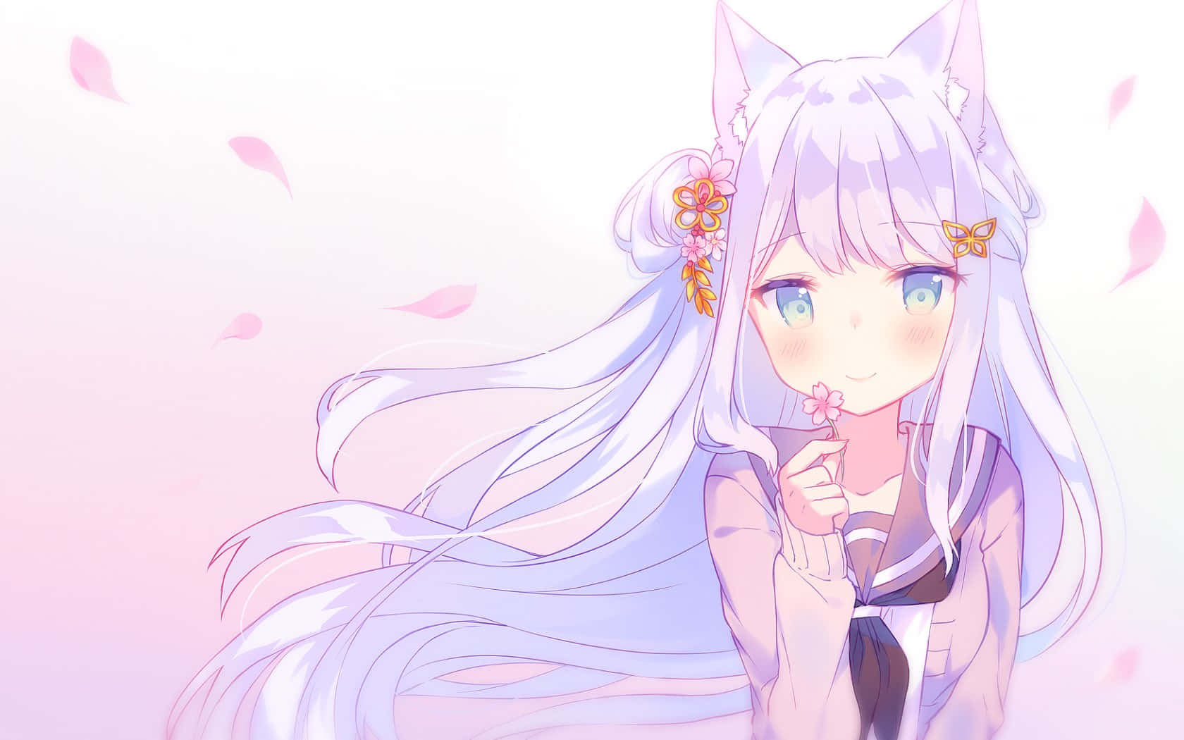 Neko Girl, cat ears, long lavender hair, HD Desktop Wallpaper