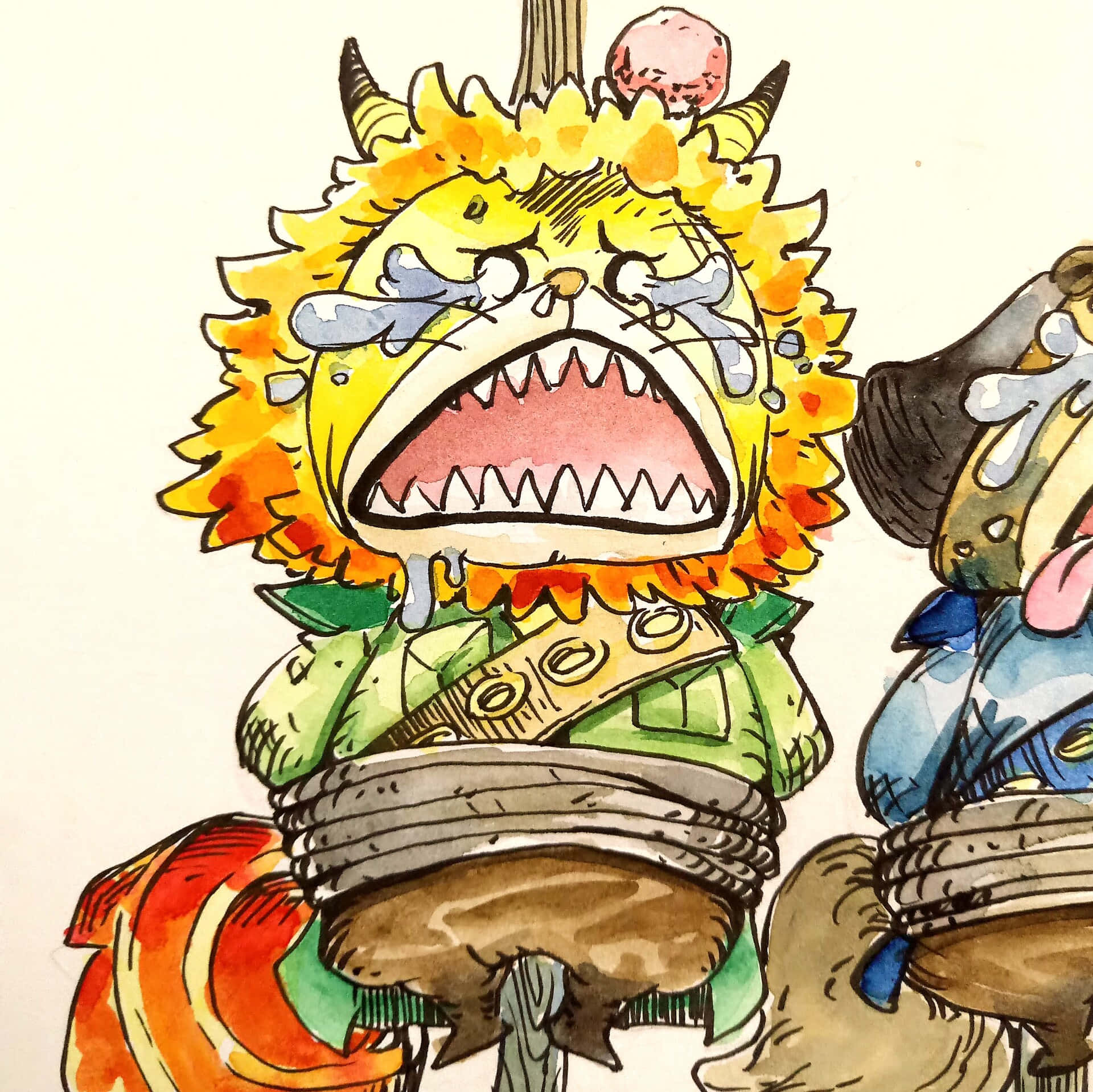 Nekomamushi, yellow lion-headed creature, horns, Full HD Desktop Wallpaper