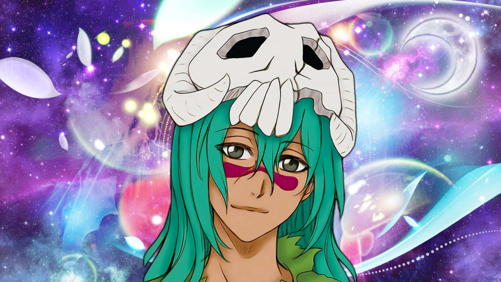Nelliel Tu Odelschwanck, teal-haired, skull on their head, Full HD Desktop Wallpaper