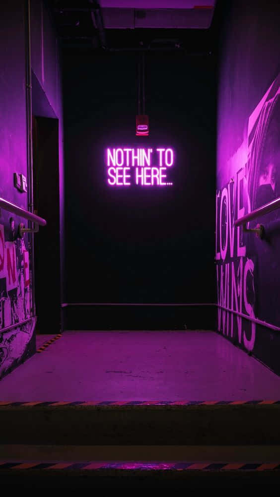 neon sign, dim purple-lit hallway, NOTHIN TO SEE HERE, SD Phone Wallpaper