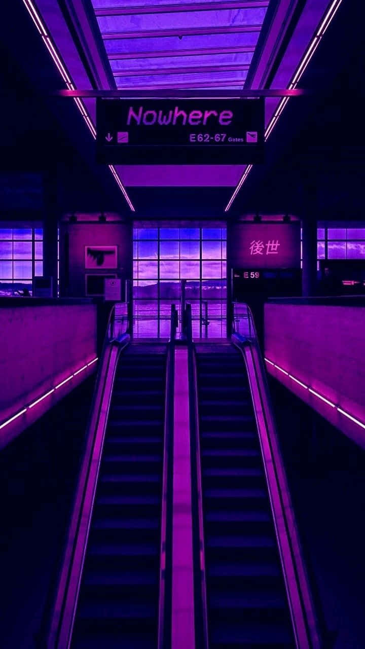 neon purple light, escalators, sign reading 'Nowhere', HD Phone Wallpaper