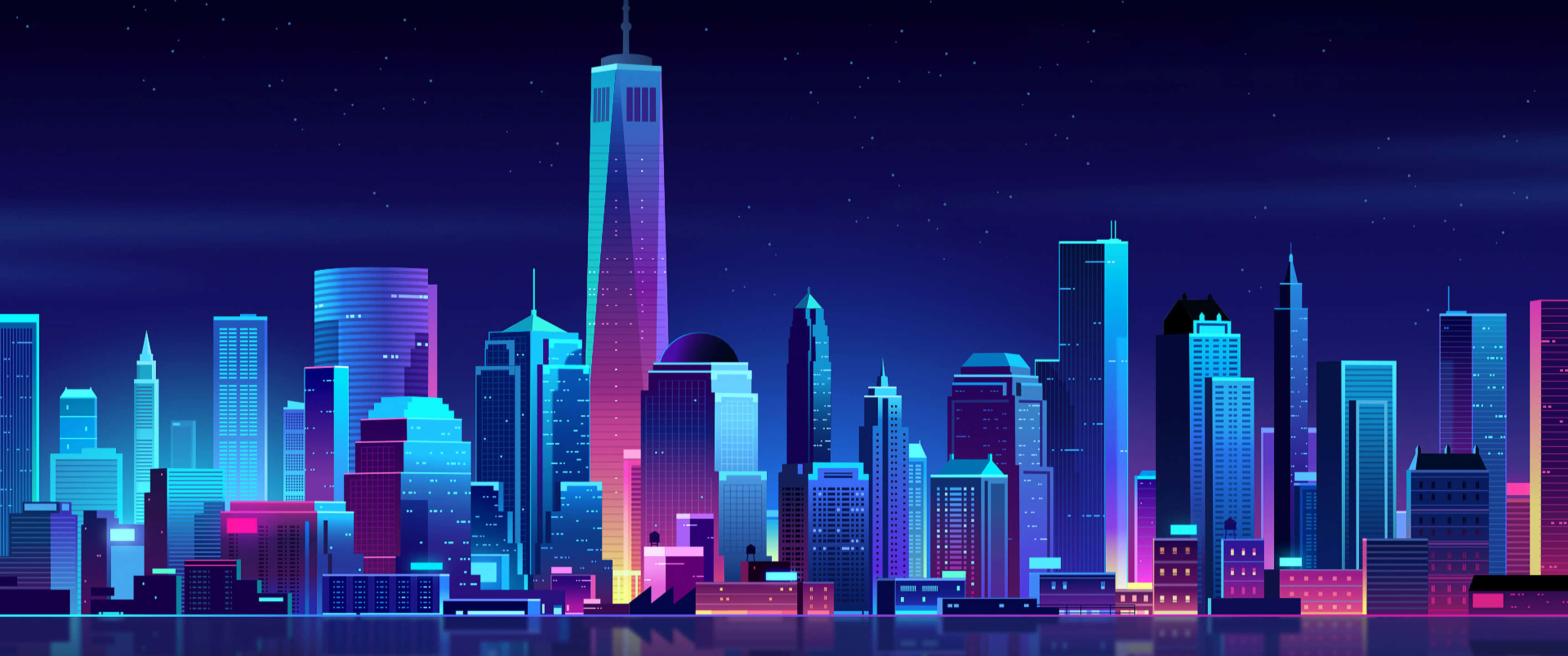 3440x1440, neon-drenched, futuristic city skyline, 2K Desktop Wallpaper