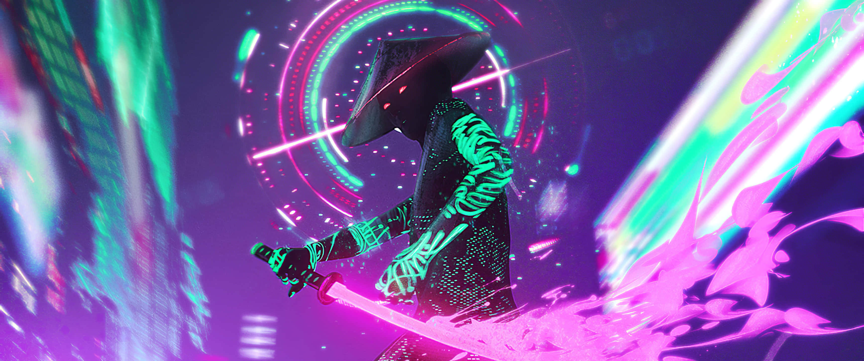 3440x1440, neon, ninja, 2K Desktop Wallpaper