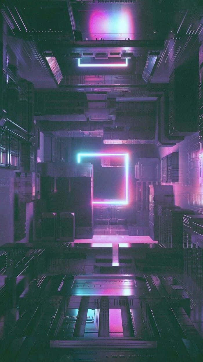 Neon Aesthetic Phone, futuristic neon-lit corridor, glowing pink and blue lines, SD Phone Wallpaper