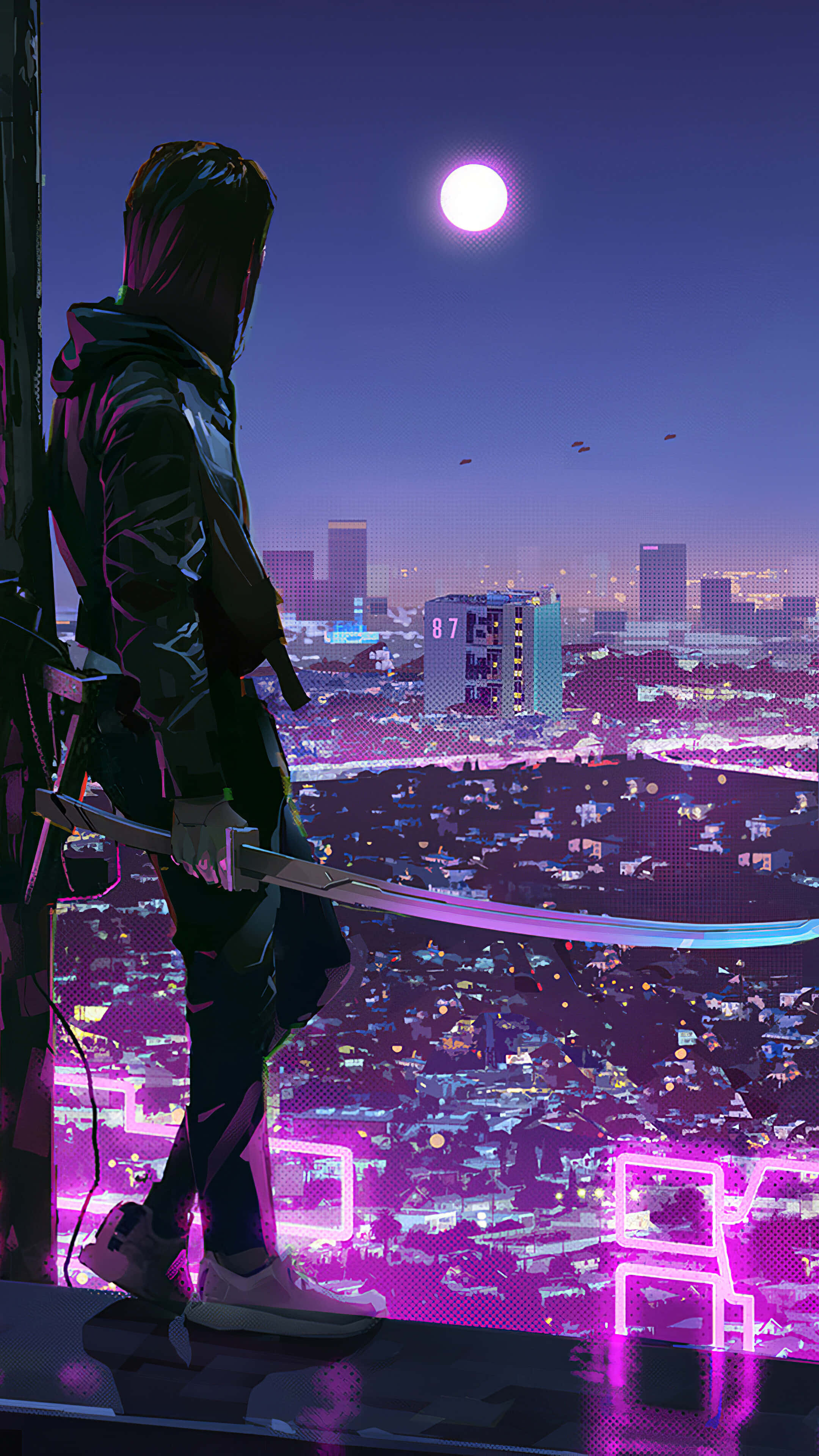 Neon Aesthetic Phone, katana, rooftop, 4K Phone Wallpaper
