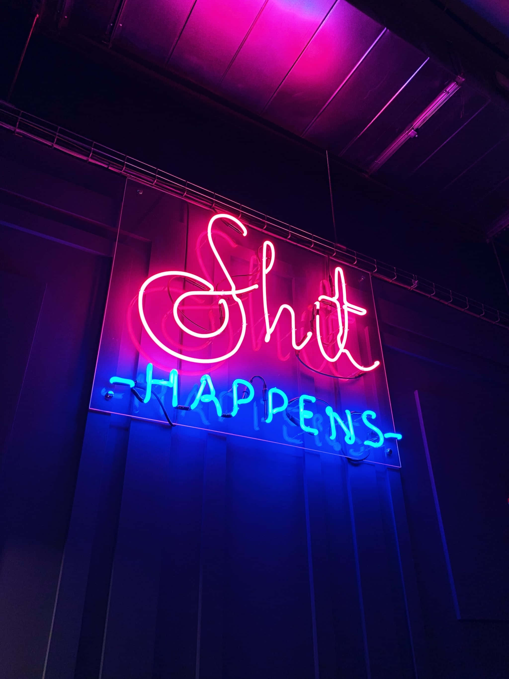 Neon Aesthetic phone, pink and blue neon sign, Shit Happens, 2K Phone Wallpaper