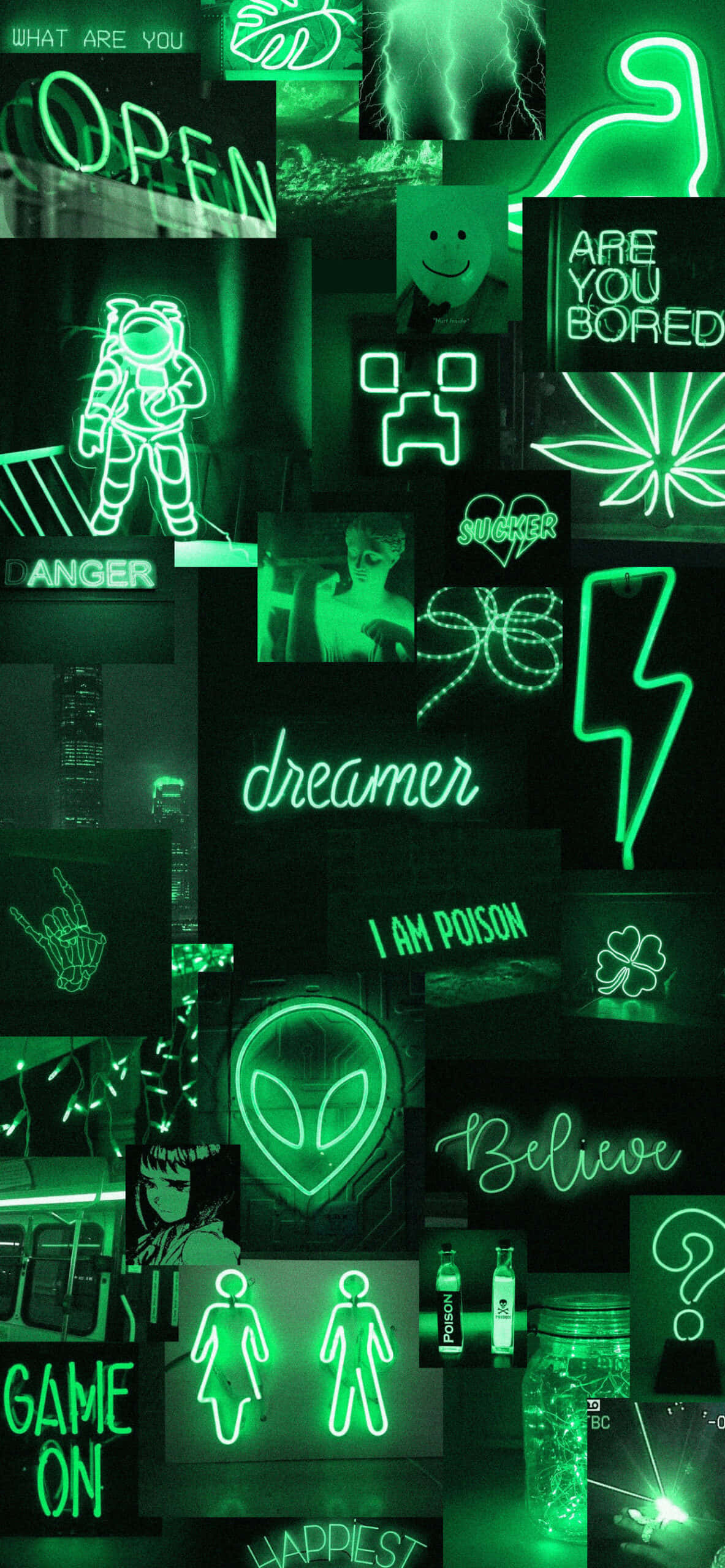 green neon, glowing signs, dreamer, 2K Phone Wallpaper