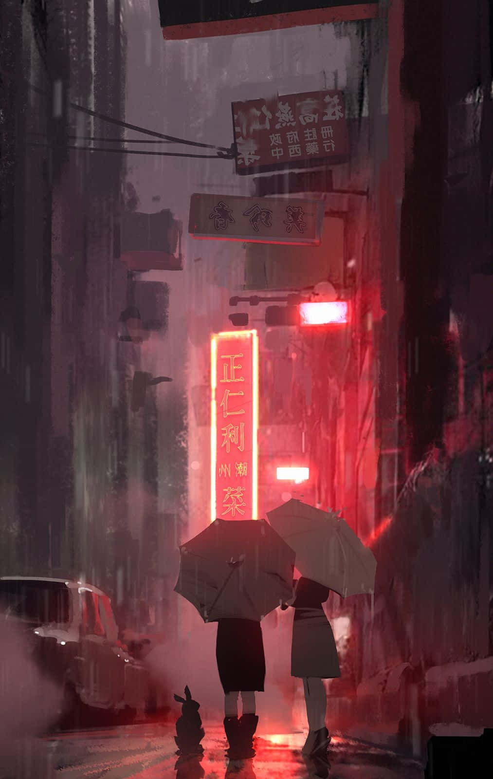 Neon Anime, umbrellas, rain-slicked neon-lit alleyway, HD Phone Wallpaper