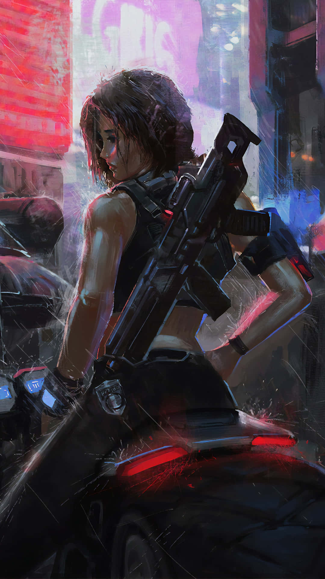 Neon Anime Girl Biker, cyberpunk woman, short dark hair, Full HD Phone Wallpaper