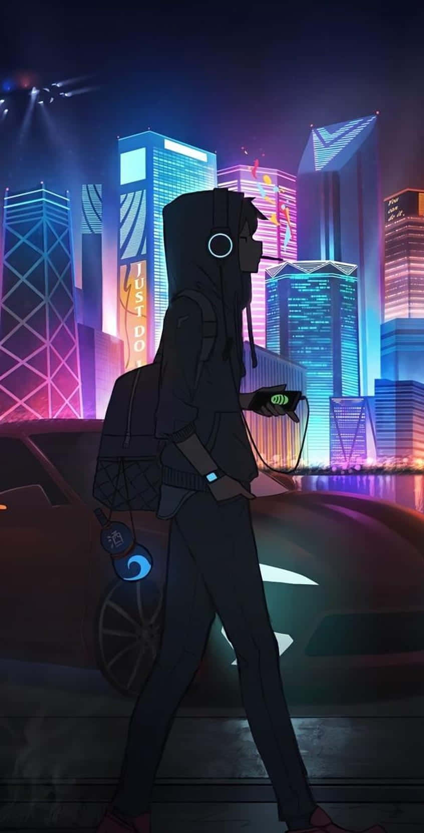 Neon Anime Sad Boy, hooded figure, glowing car, HD Phone Wallpaper