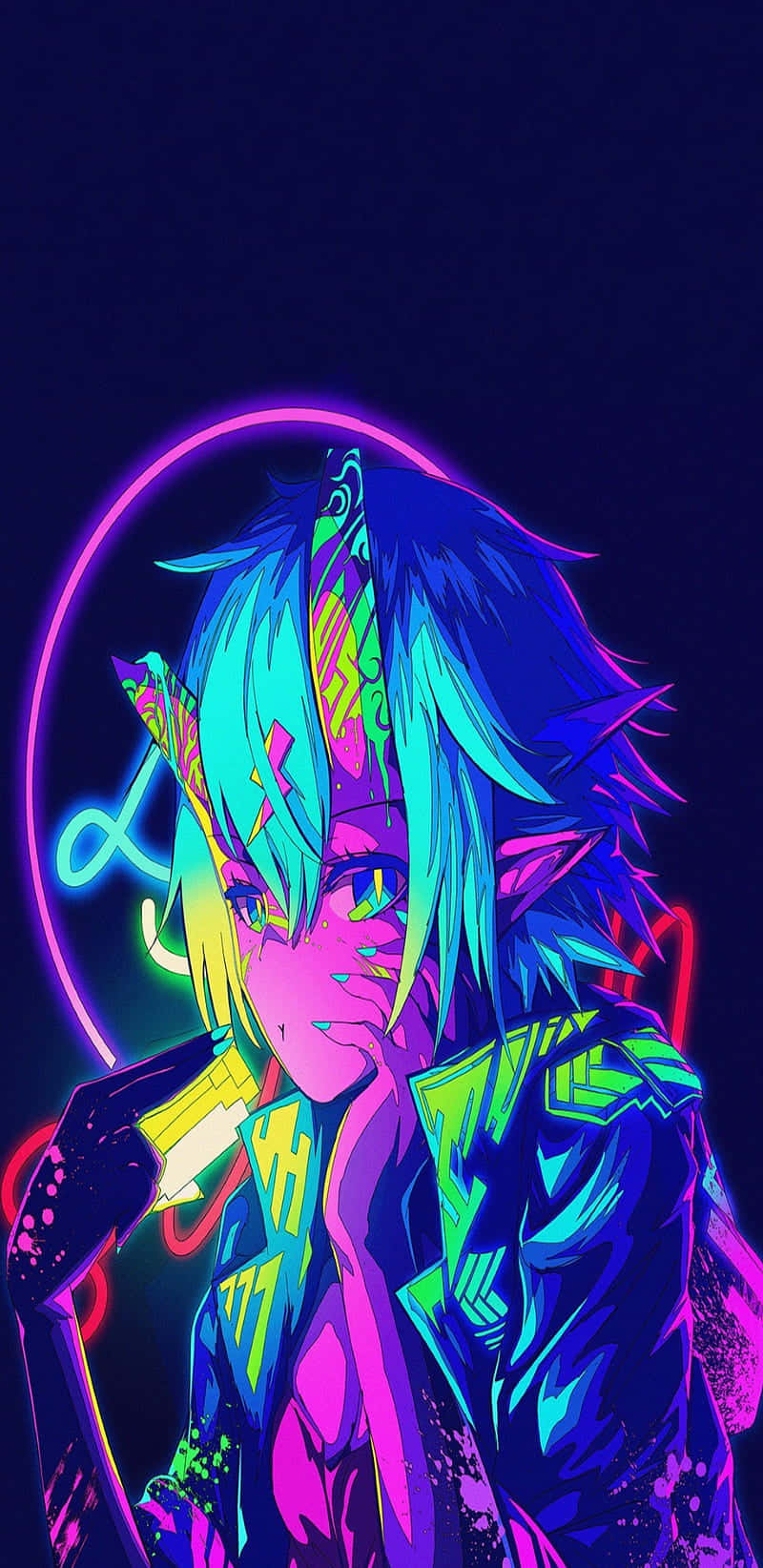 Neon Anime, vibrant blue and pink hair, glowing object, HD Phone Wallpaper