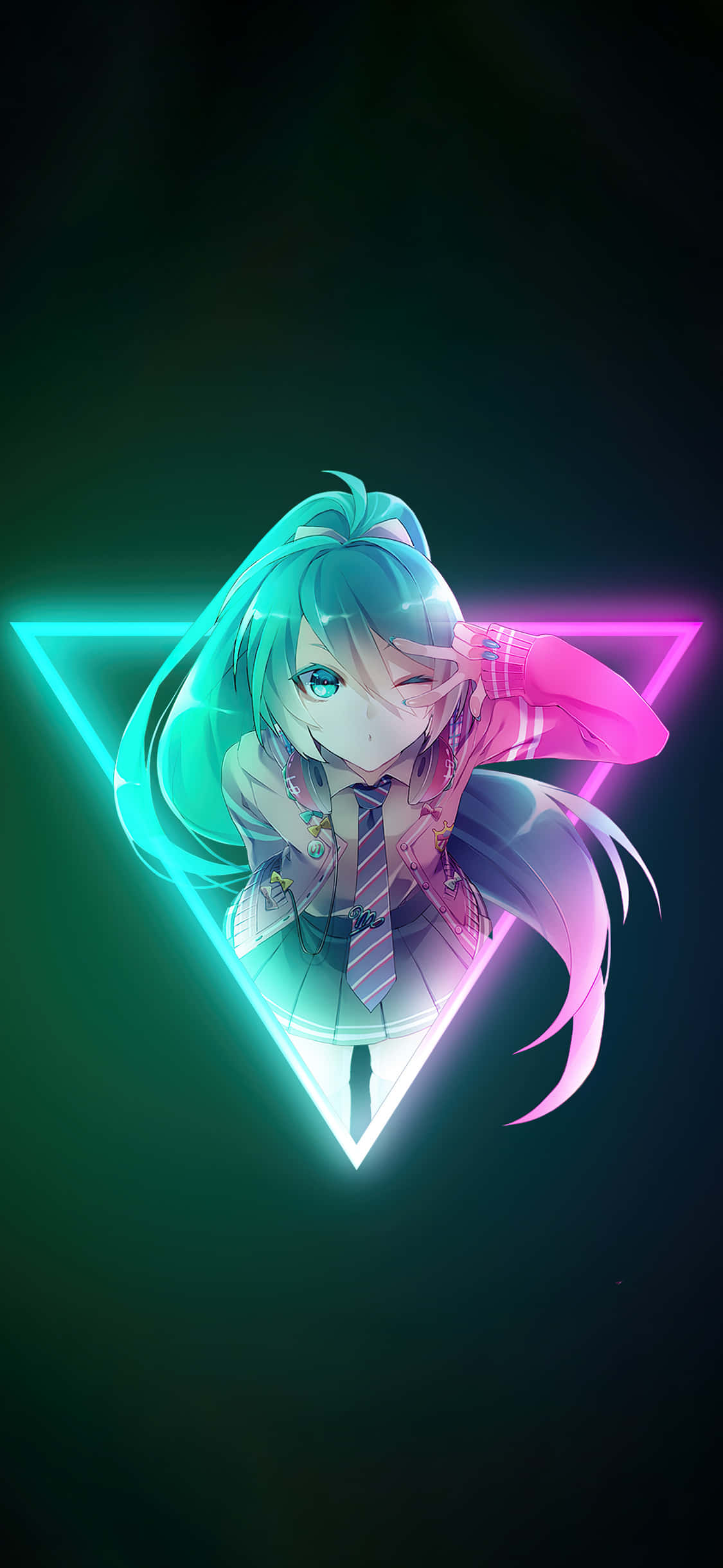 neon lock screen anime girl, teal hair, neon triangle, Full HD Phone Wallpaper