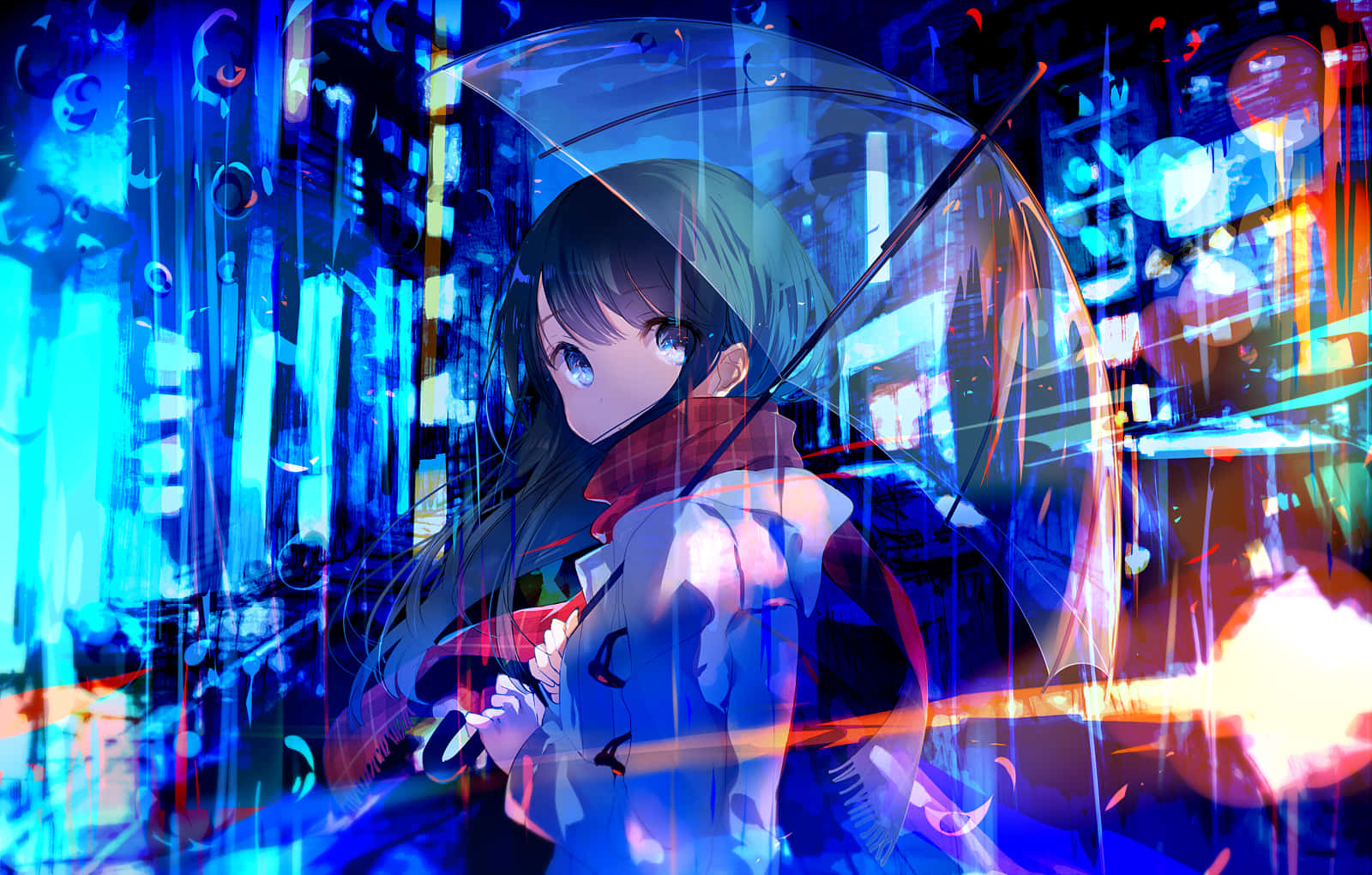 Neon Anime Girl, transparent umbrella, blue eyes, HD Desktop Wallpaper