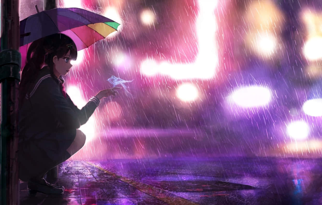 Neon Anime Girl, rainbow umbrella, school uniform, HD Desktop Wallpaper