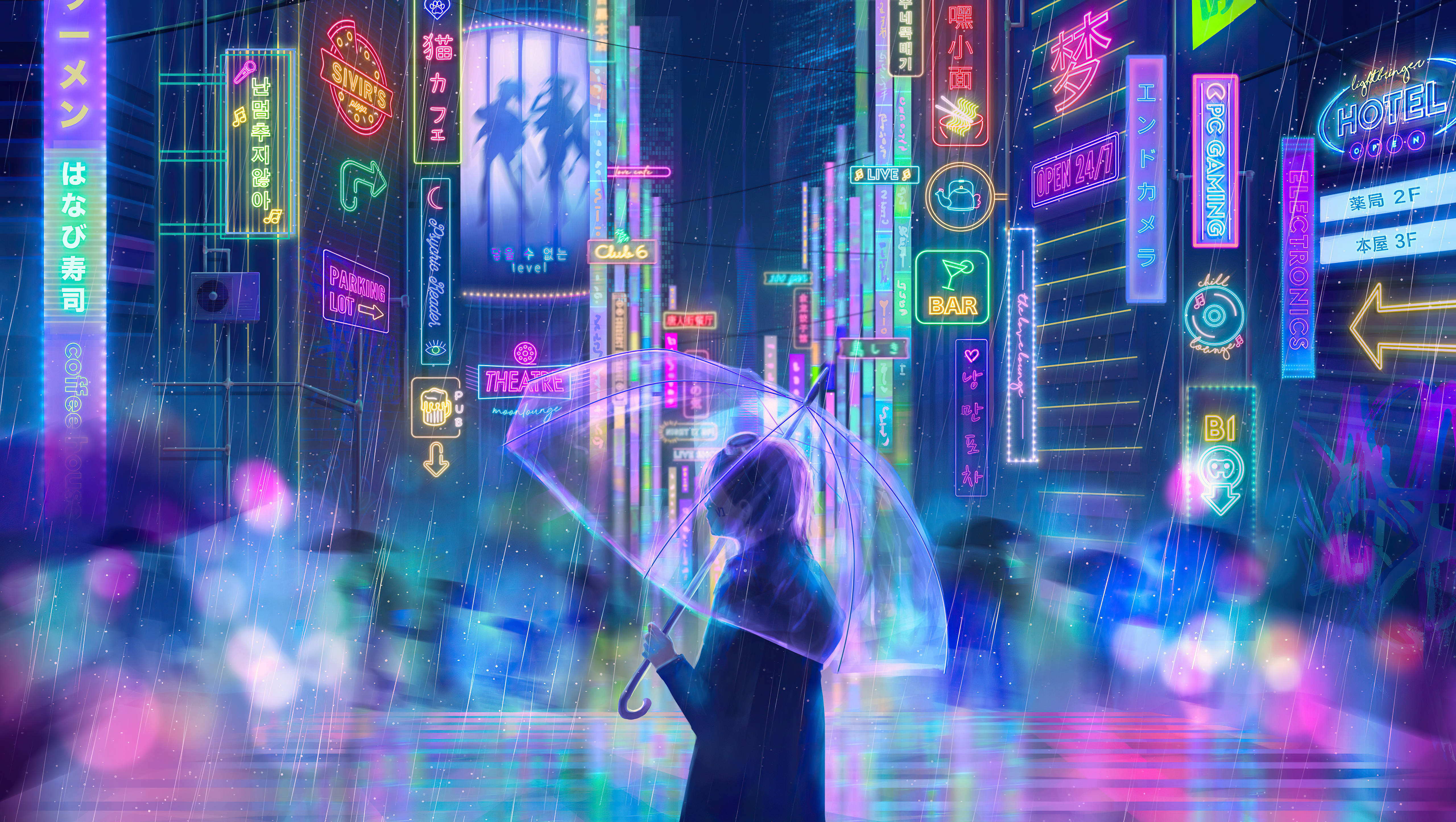 neon lights, anime aesthetic, rain-slicked, 5K Desktop Wallpaper