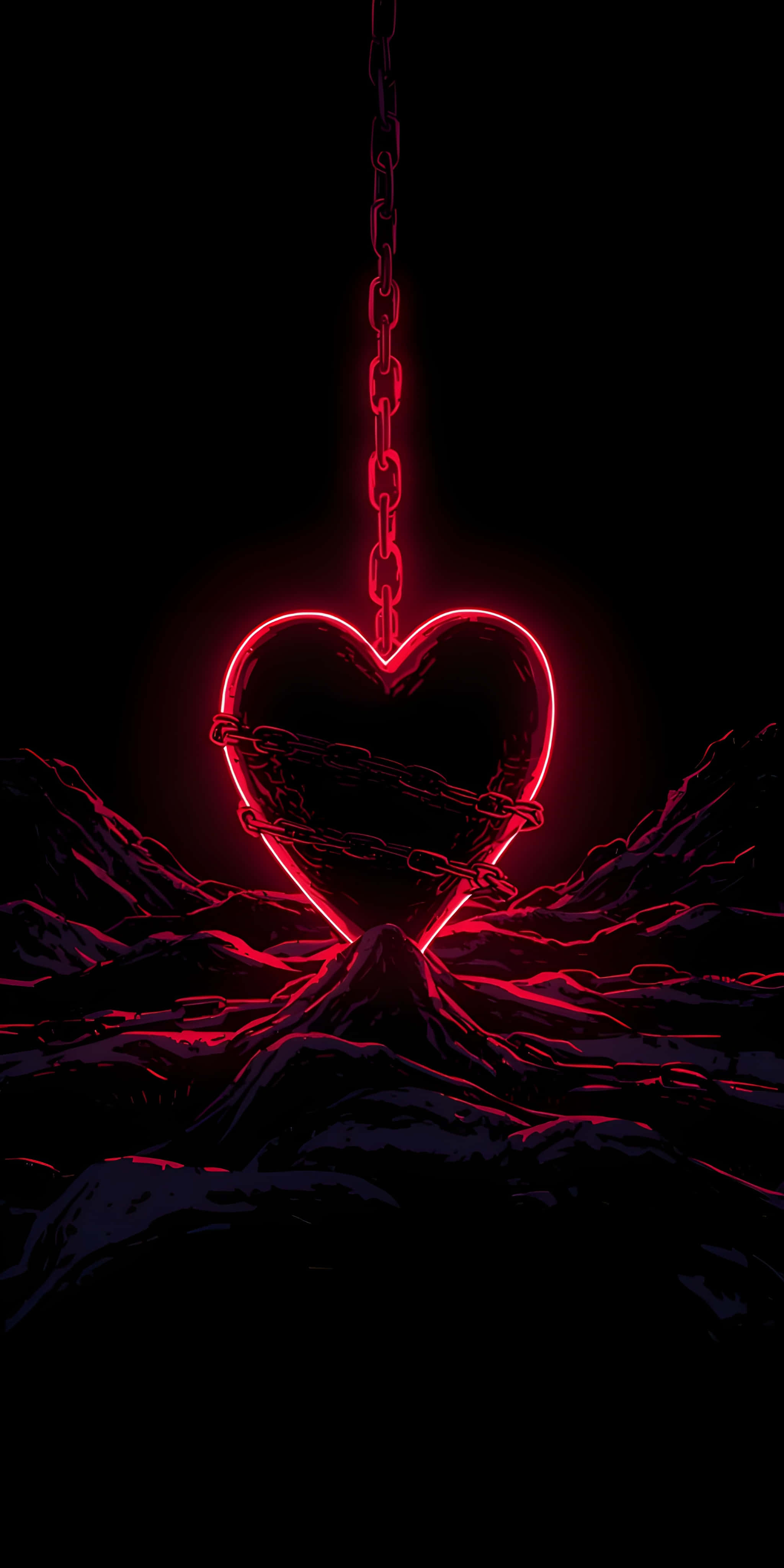 glowing red heart, chain, jagged dark rocks, 4K Phone Wallpaper