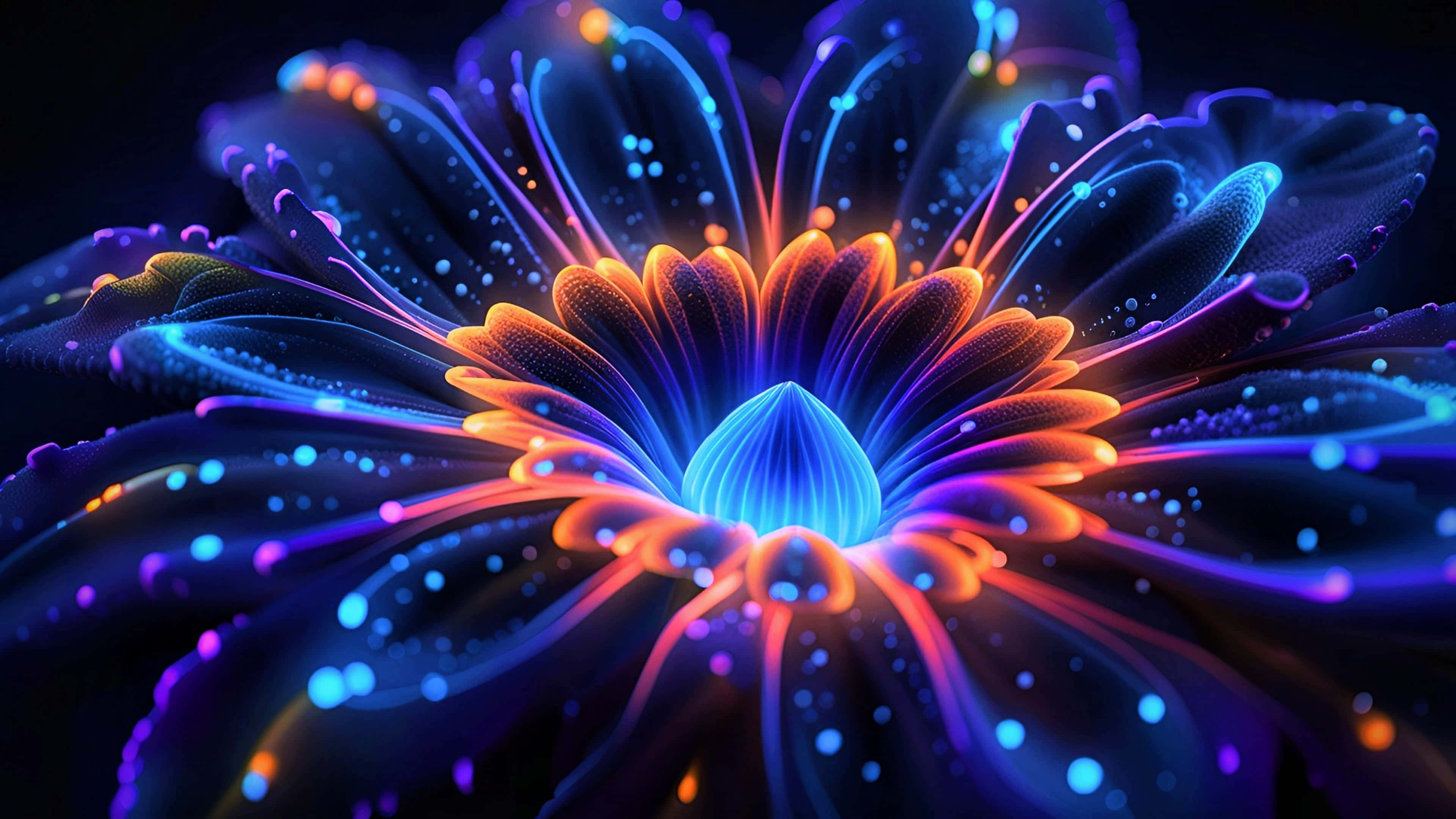 neon flower, electric blue, fiery orange, 4K Desktop Wallpaper