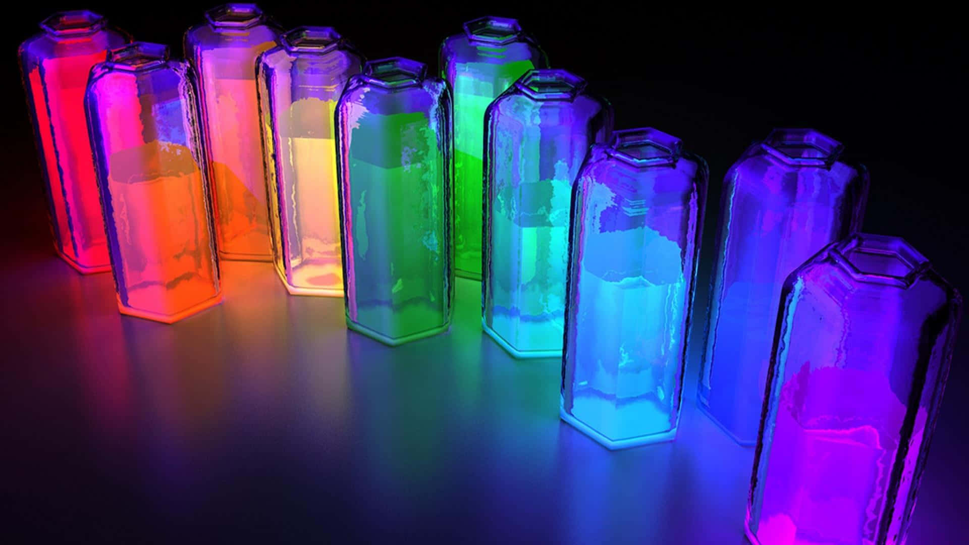 hexagonal glass bottles, vibrant rainbow colors, dark background, Full HD Desktop Wallpaper