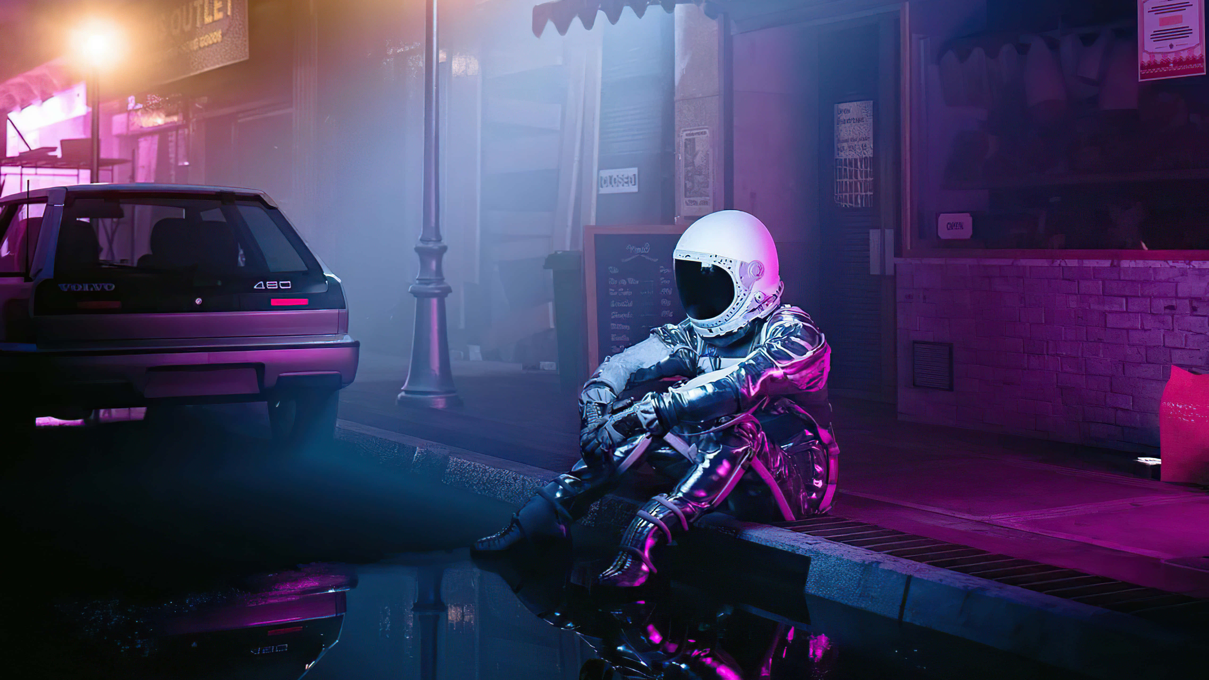 Neon Astronaut, wet city curb, night, 5K Desktop Wallpaper