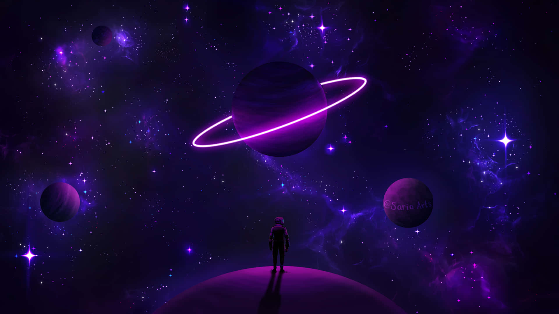 Neon Astronaut, purple planet, glowing ringed planet, Full HD Desktop Wallpaper