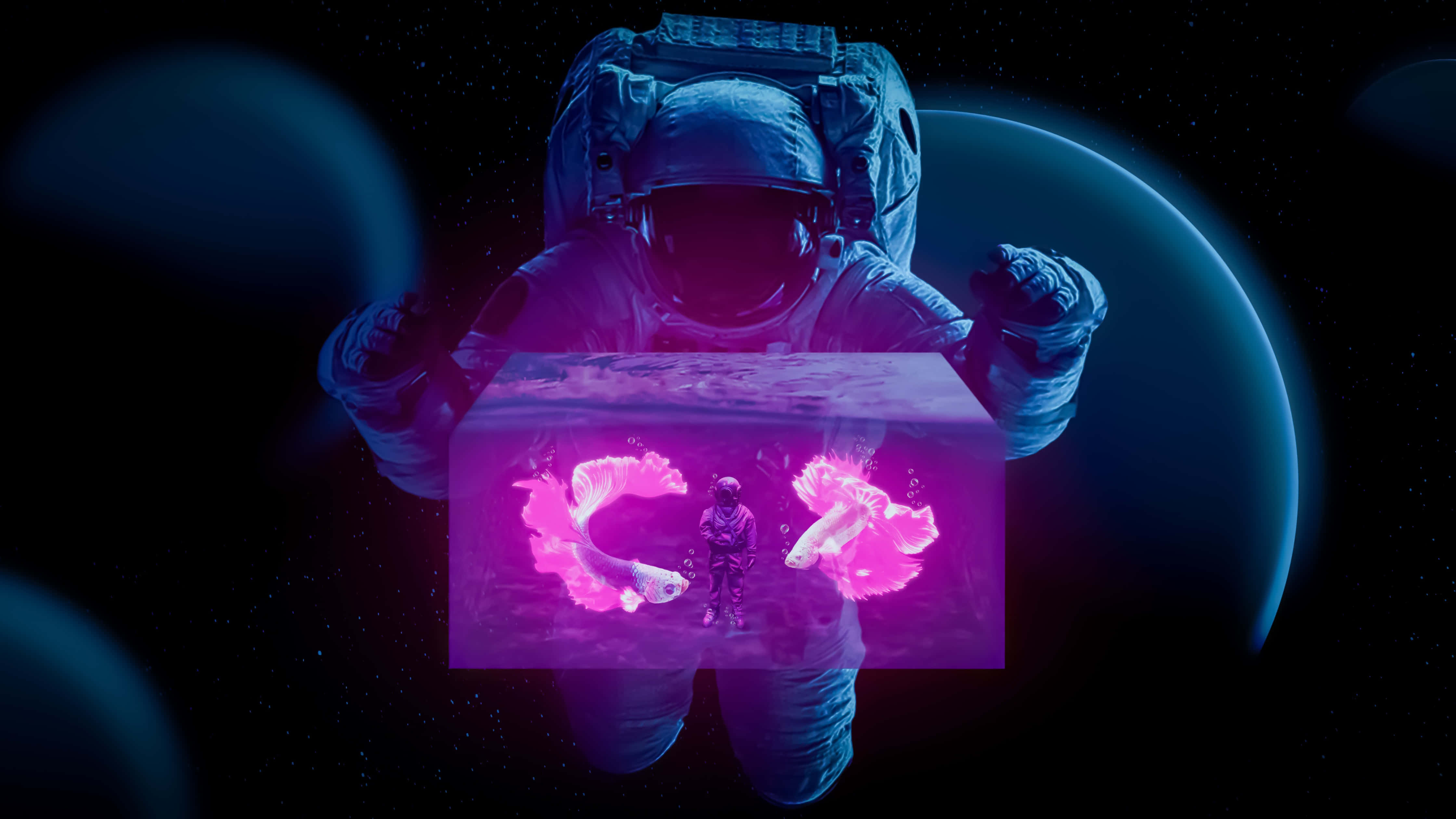 Neon Astronaut, glowing cube, pink fish, 4K Desktop Wallpaper