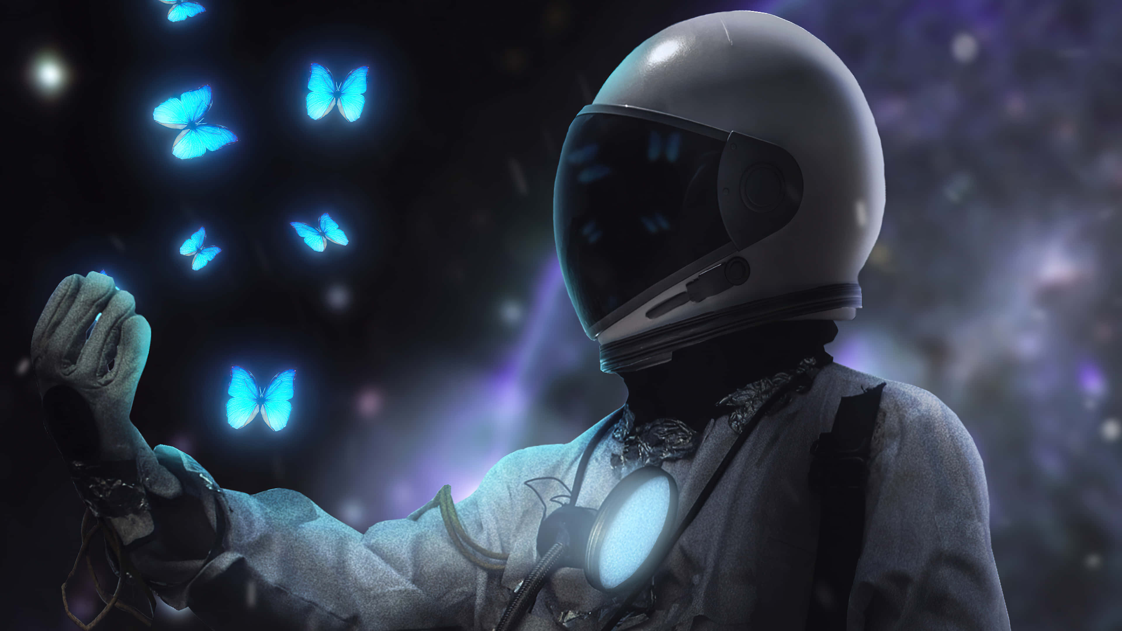 Neon Astronaut, glowing blue butterflies, cosmic nebula, 4K Desktop Wallpaper