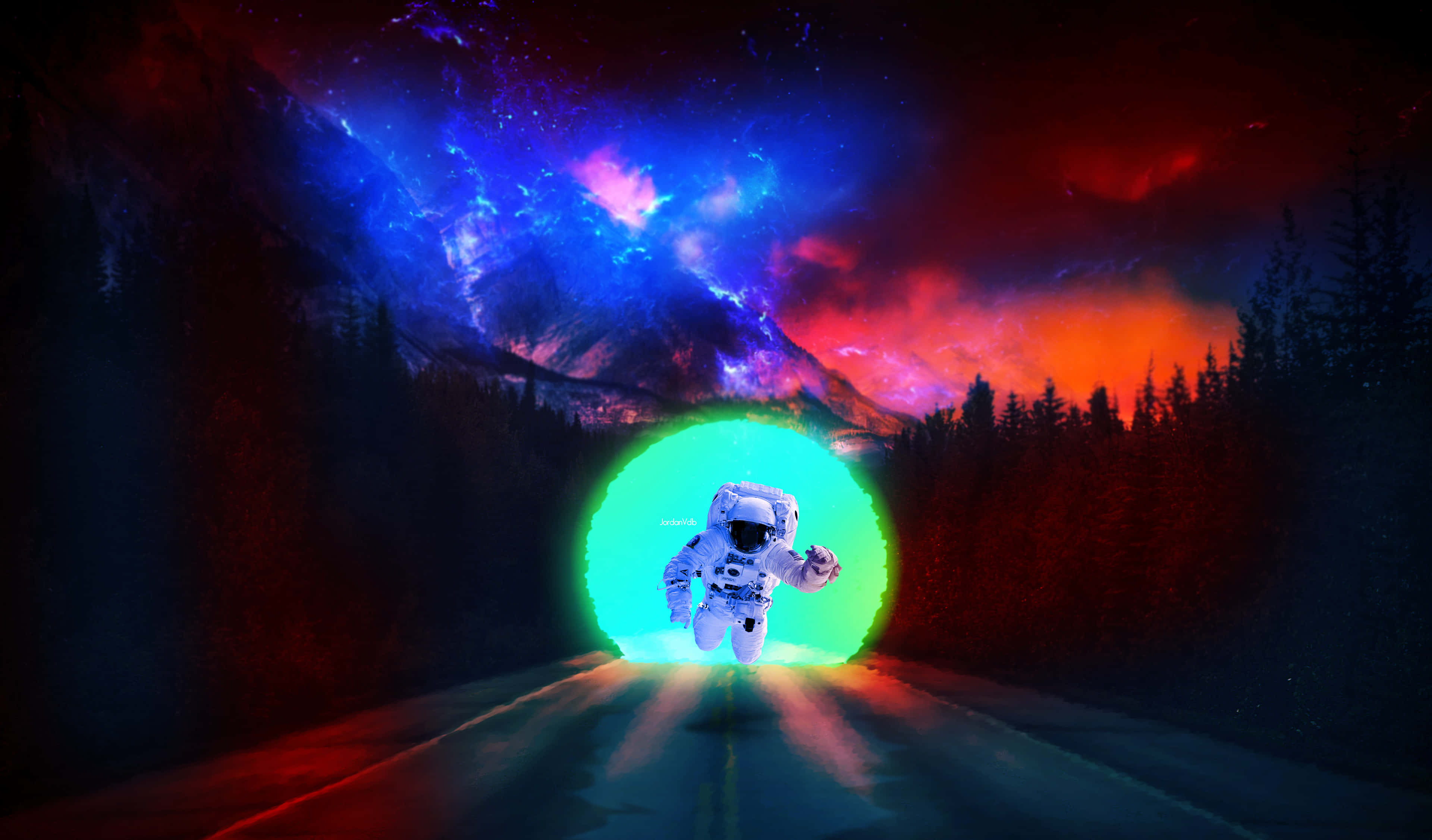 Neon Astronaut, glowing green portal, road, 4K Desktop Wallpaper