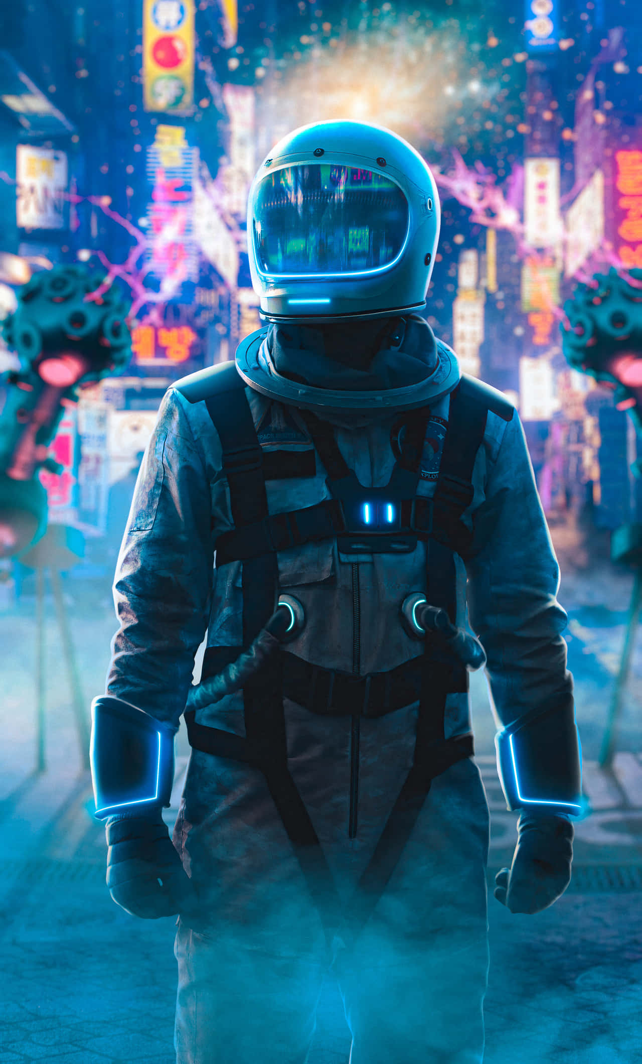 Neon Astronaut, neon-drenched cyberpunk cityscape, electric blue, Full HD Phone Wallpaper