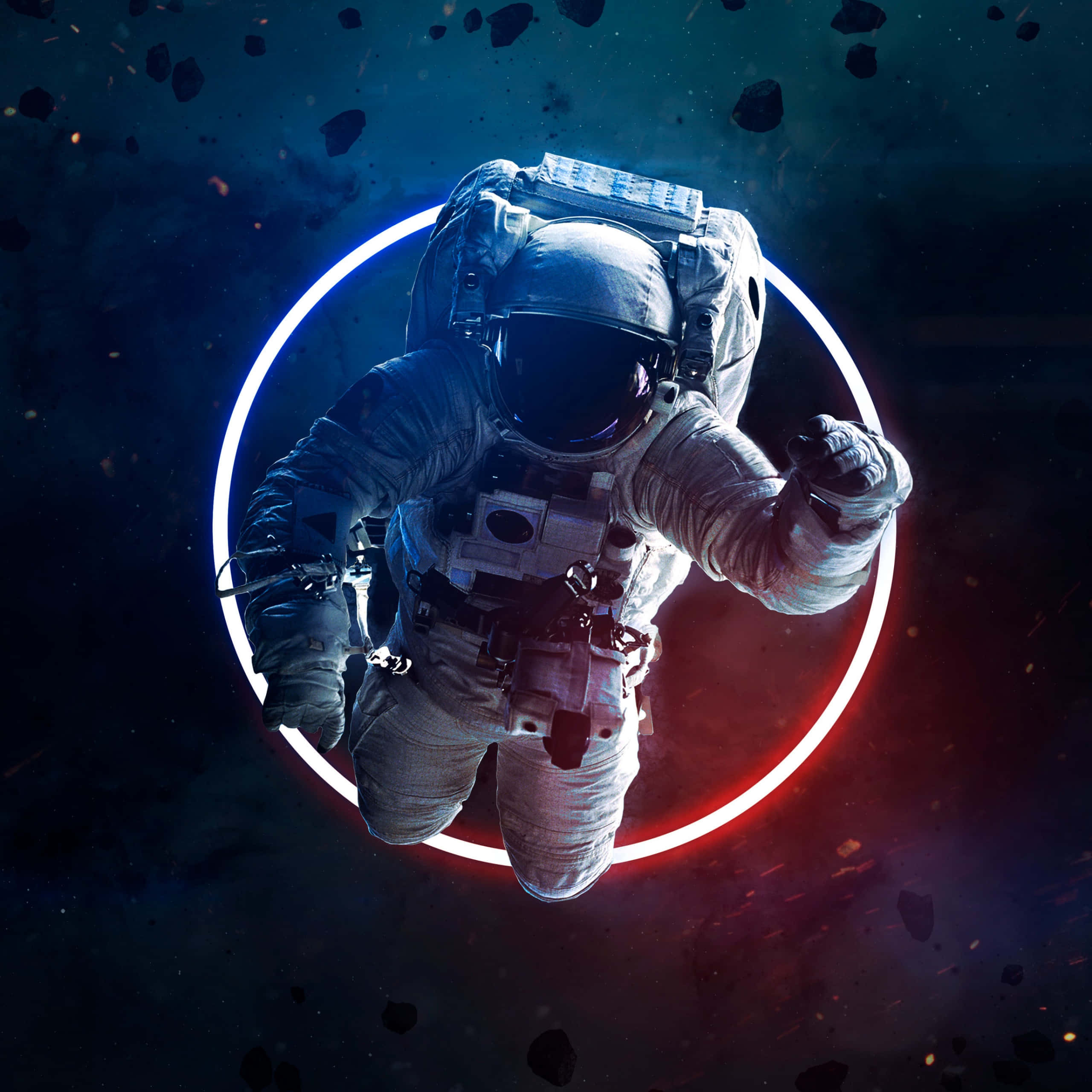 Neon Astronaut, asteroids, space, 2K Desktop Wallpaper