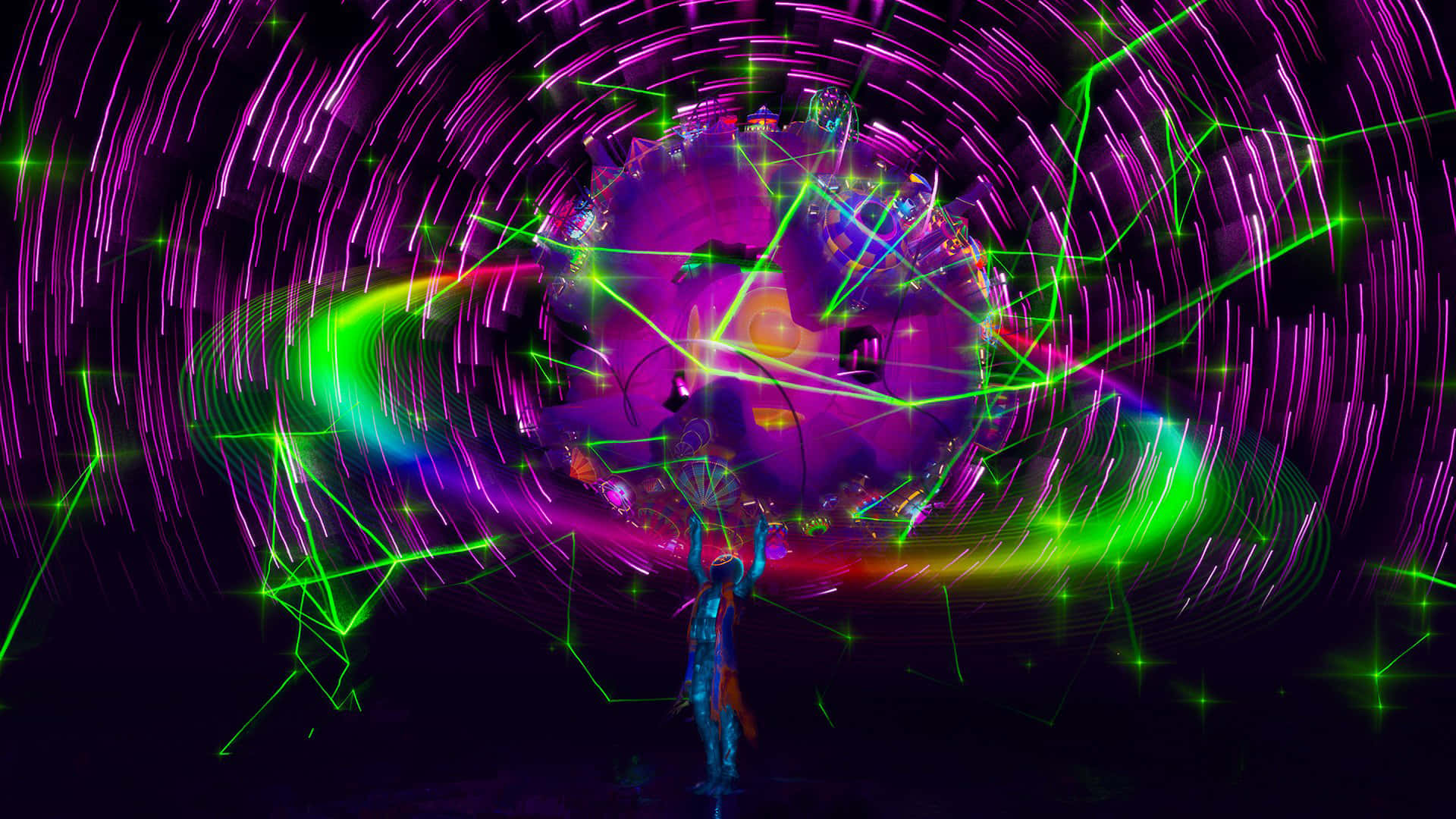 Neon Astronaut, glowing purple orb, neon green laser lines, Full HD Desktop Wallpaper