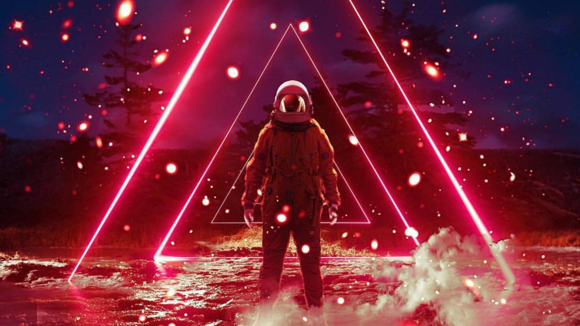 Neon Light Astronaut, glowing pink triangles, snowy field, Full HD Desktop Wallpaper