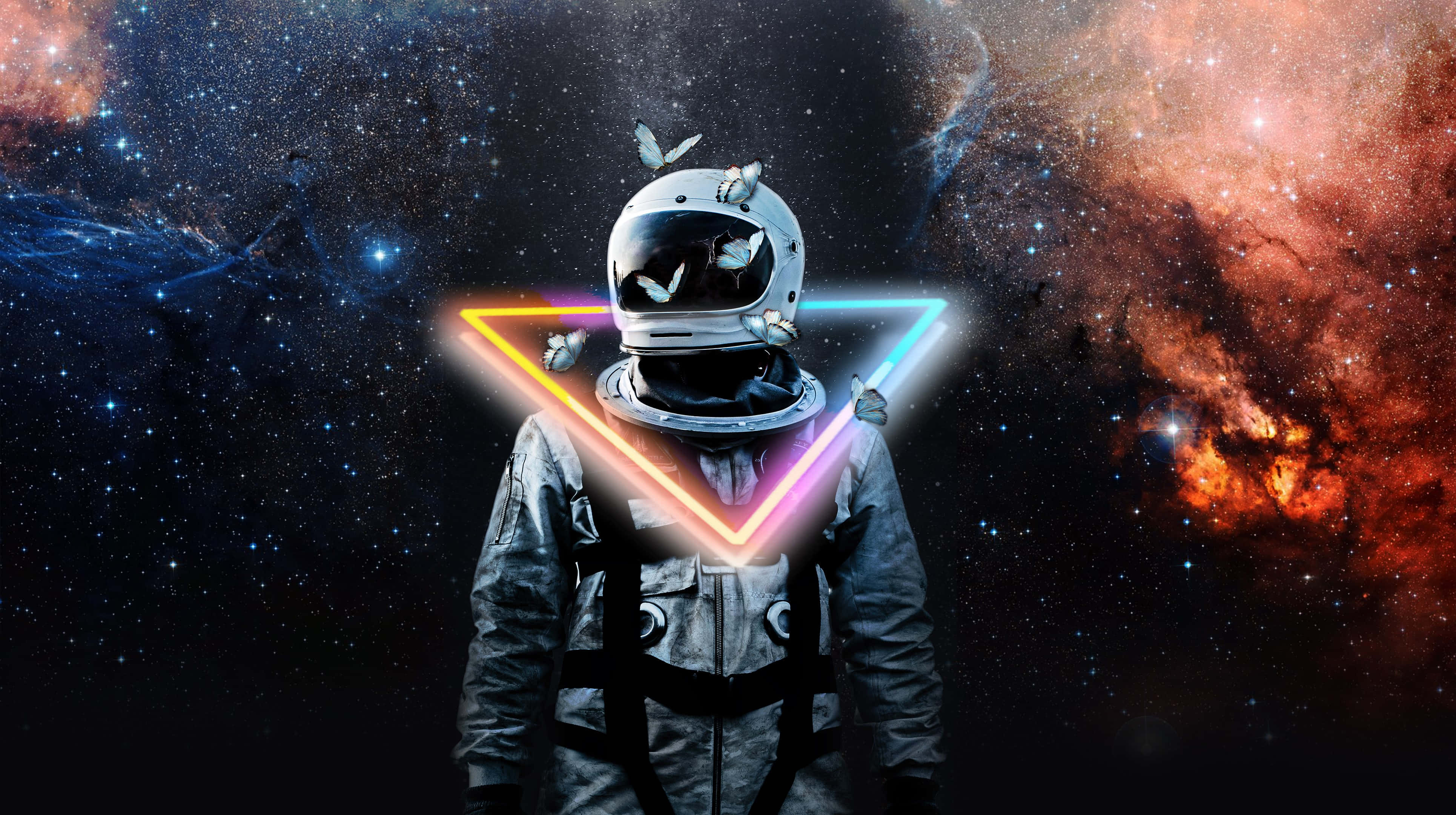 Neon Astronaut, cosmic nebula, glowing neon triangle, 4K Desktop Wallpaper