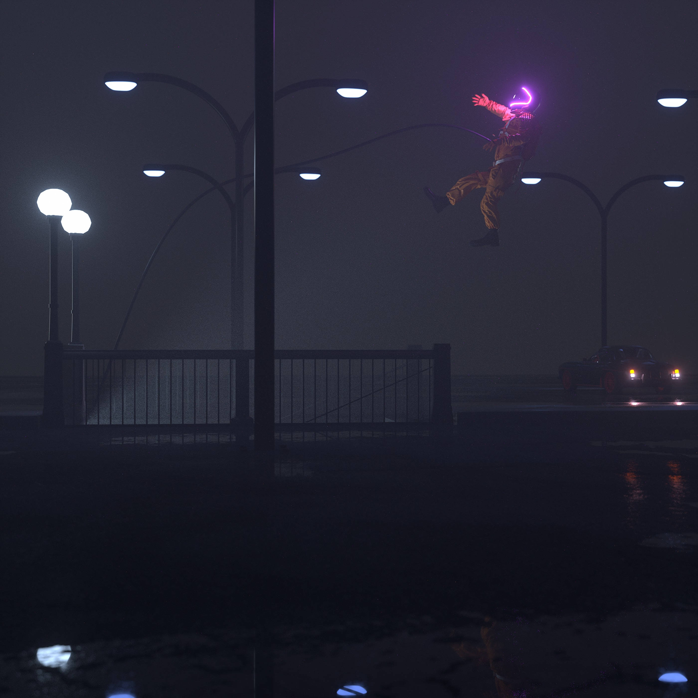 astronaut, futuristic suit, misty night street, 2K Desktop Wallpaper