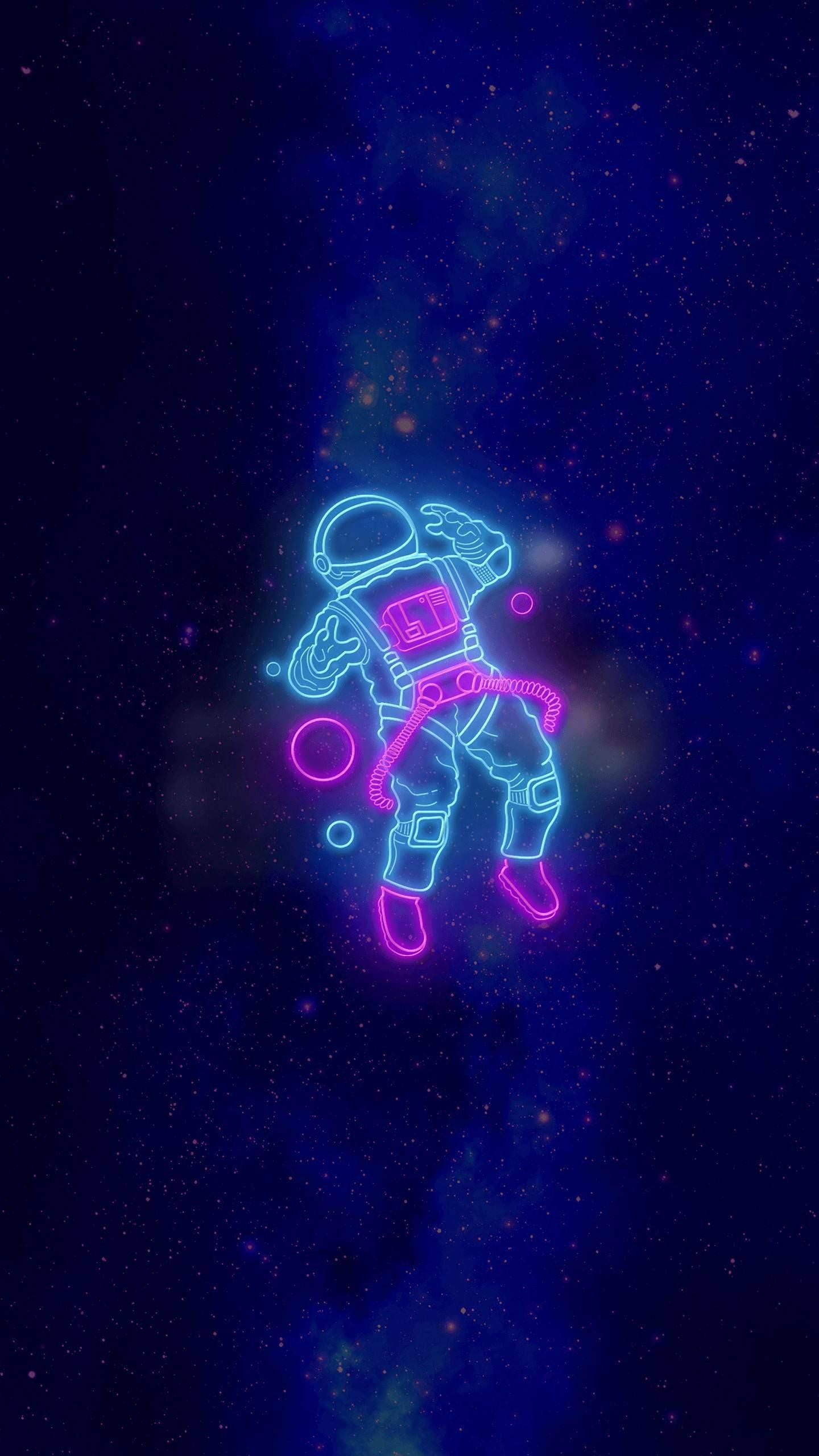 neon astronaut, starry cosmic void, vibrant pink and blue outlines, 2K Phone Wallpaper