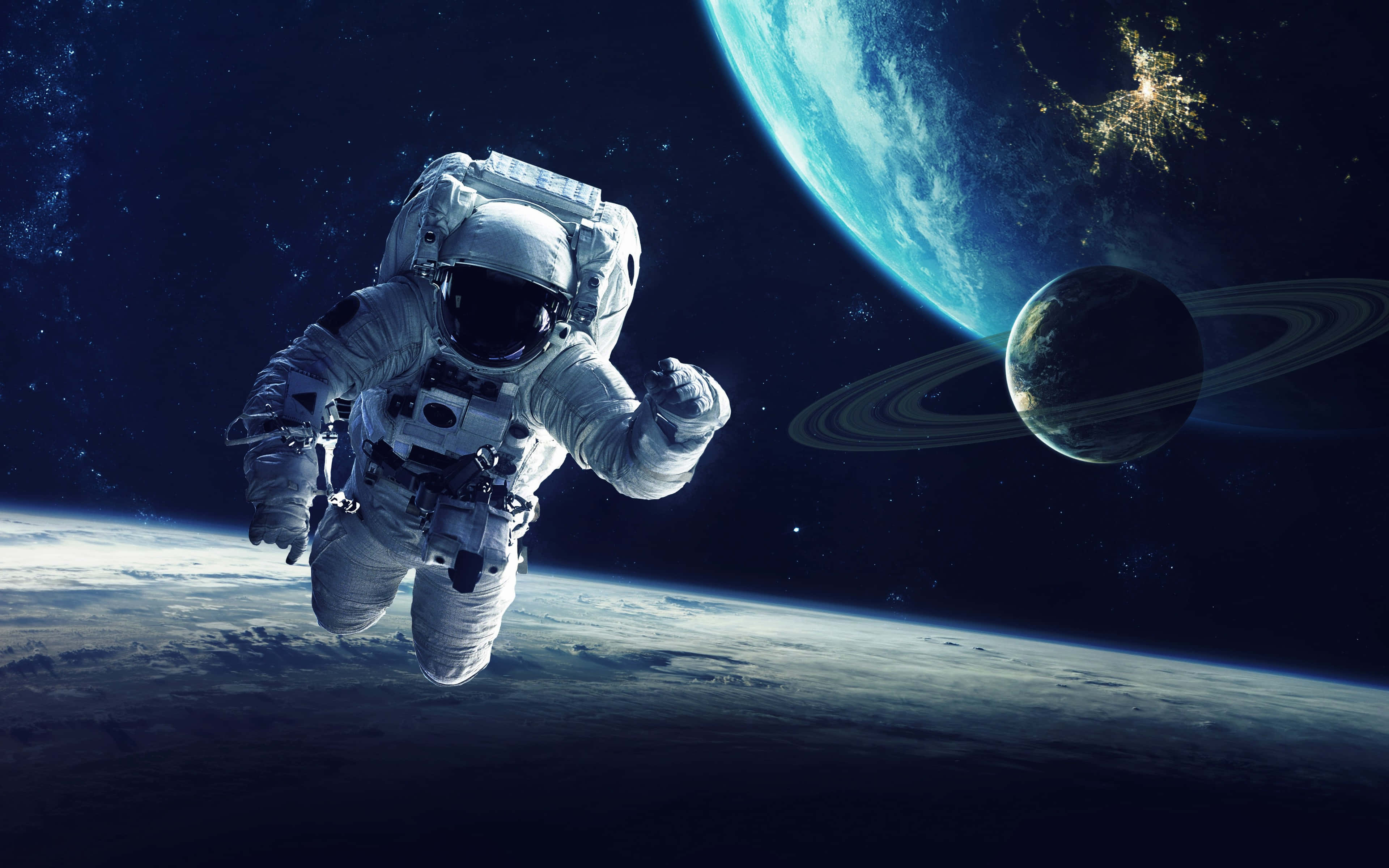 astronaut, blue planet, ringed planet, 4K Desktop Wallpaper
