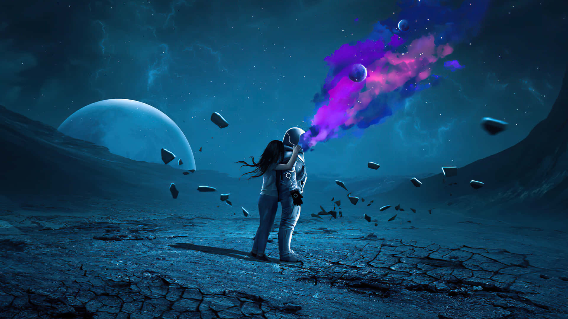 Neon Astronaut, cracked alien planet, vibrant purple nebulae, Full HD Desktop Wallpaper