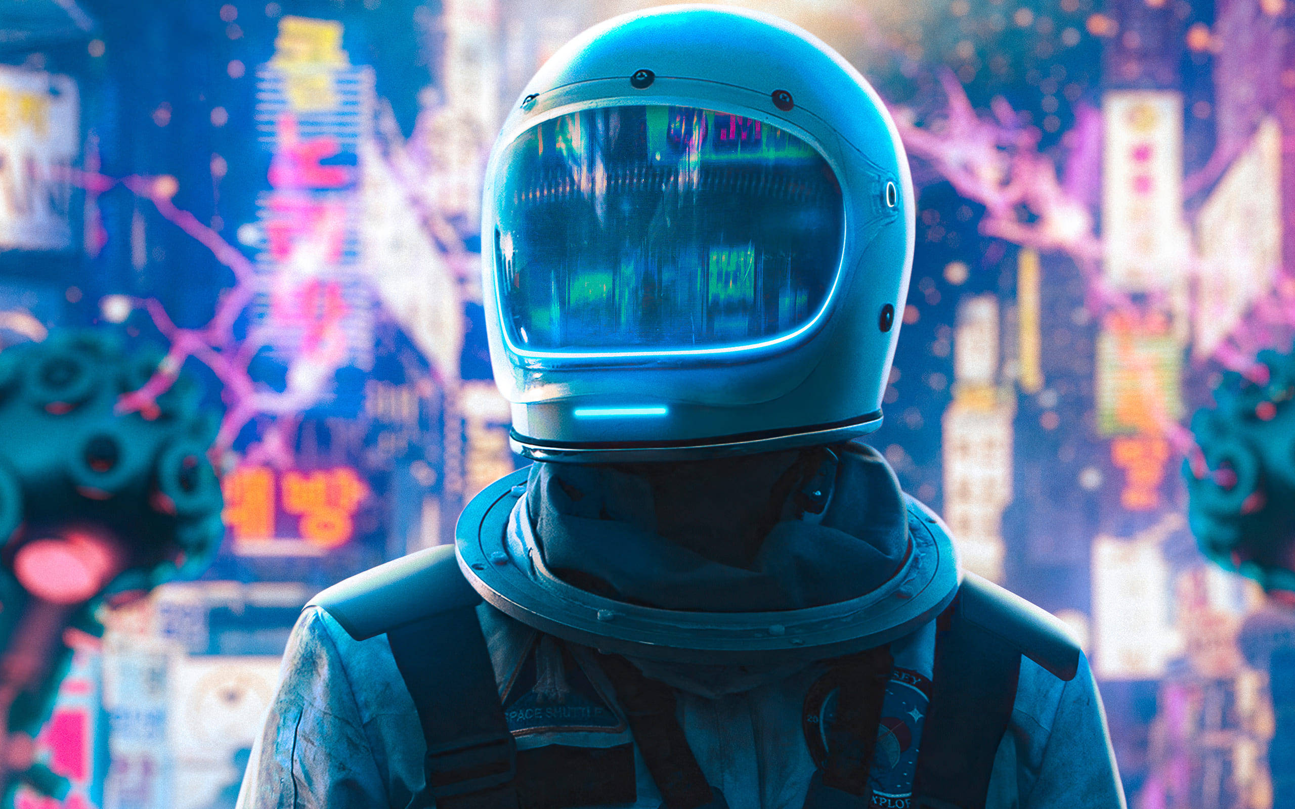 Neon Blue Aesthetic Astronaut, glowing helmet, neon-drenched cyberpunk cityscape, 2K Desktop Wallpaper