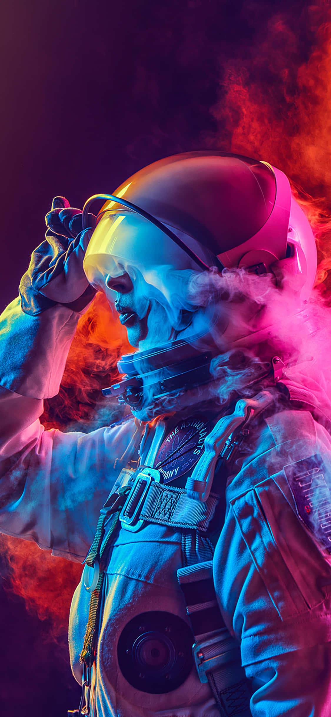 futuristic astronaut, glowing helmet, neon pink and blue smoke, Full HD Phone Wallpaper