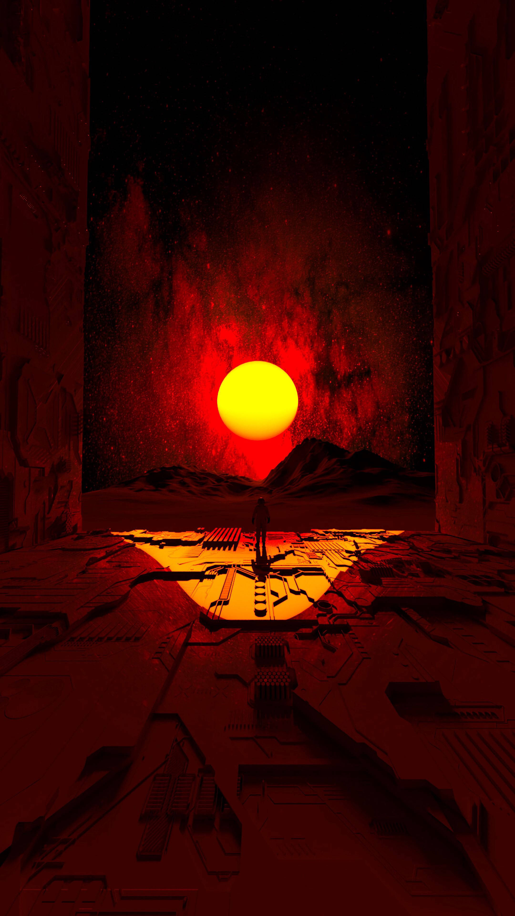 Astronaut, dark sunset, glowing yellow sun, 4K Phone Wallpaper