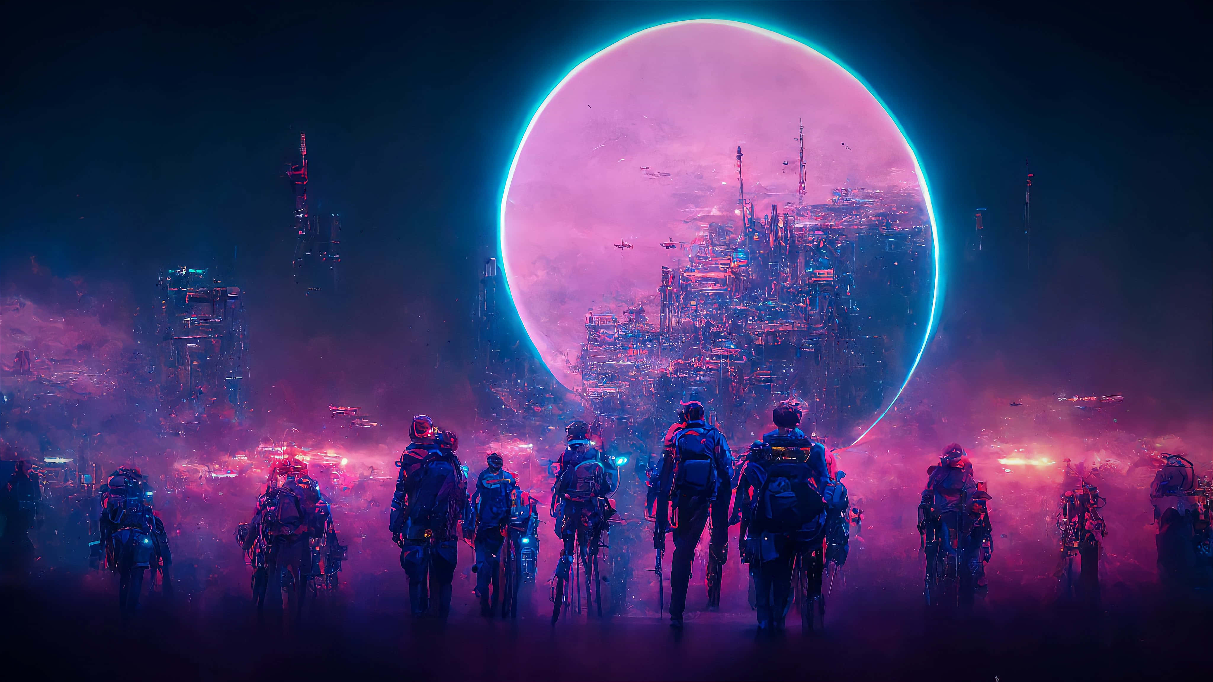 Neon Astronaut, neon-pink moon, futuristic cityscape, 4K Desktop Wallpaper