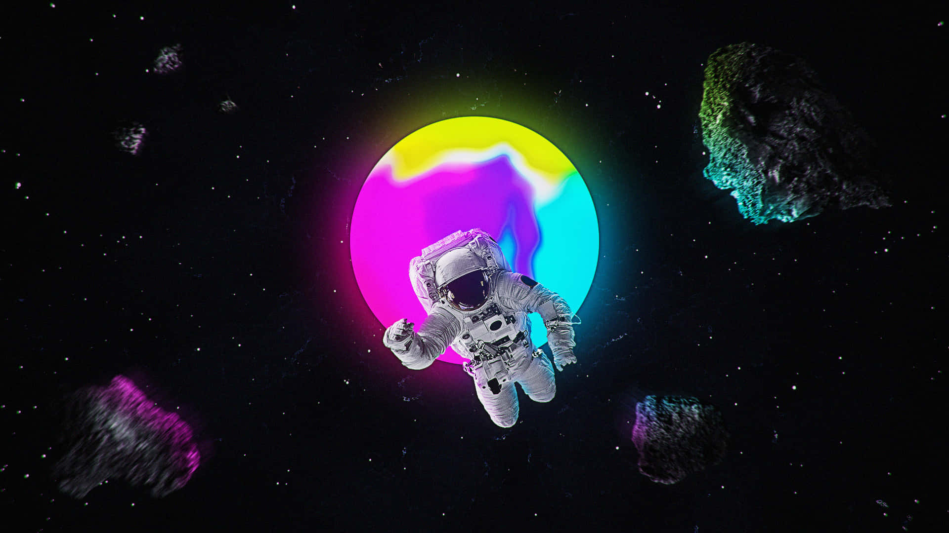 Neon Astronaut, neon planet, glowing purple pink and cyan hues, Full HD Desktop Wallpaper