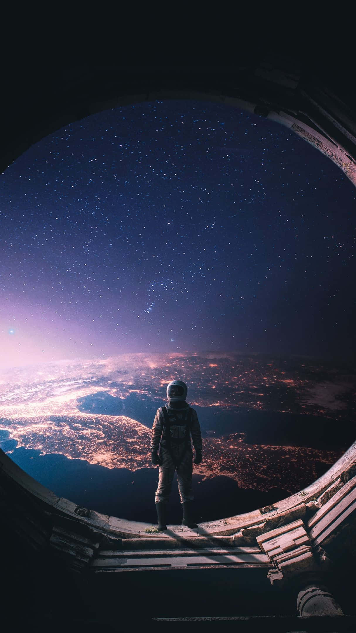 astronaut, spacecraft viewport, starry night sky, Full HD Phone Wallpaper