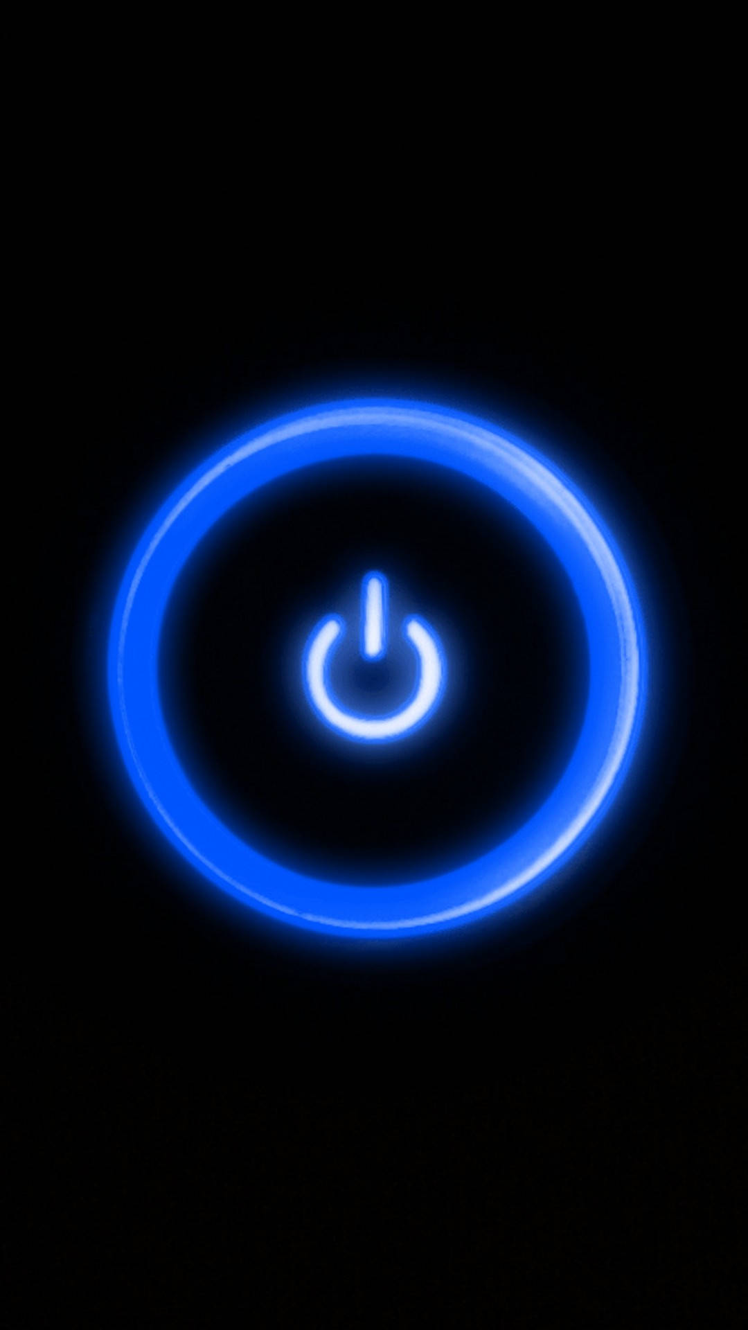 Neon Blue iPhone, glowing blue power button icon, pure black background, Full HD Phone Wallpaper