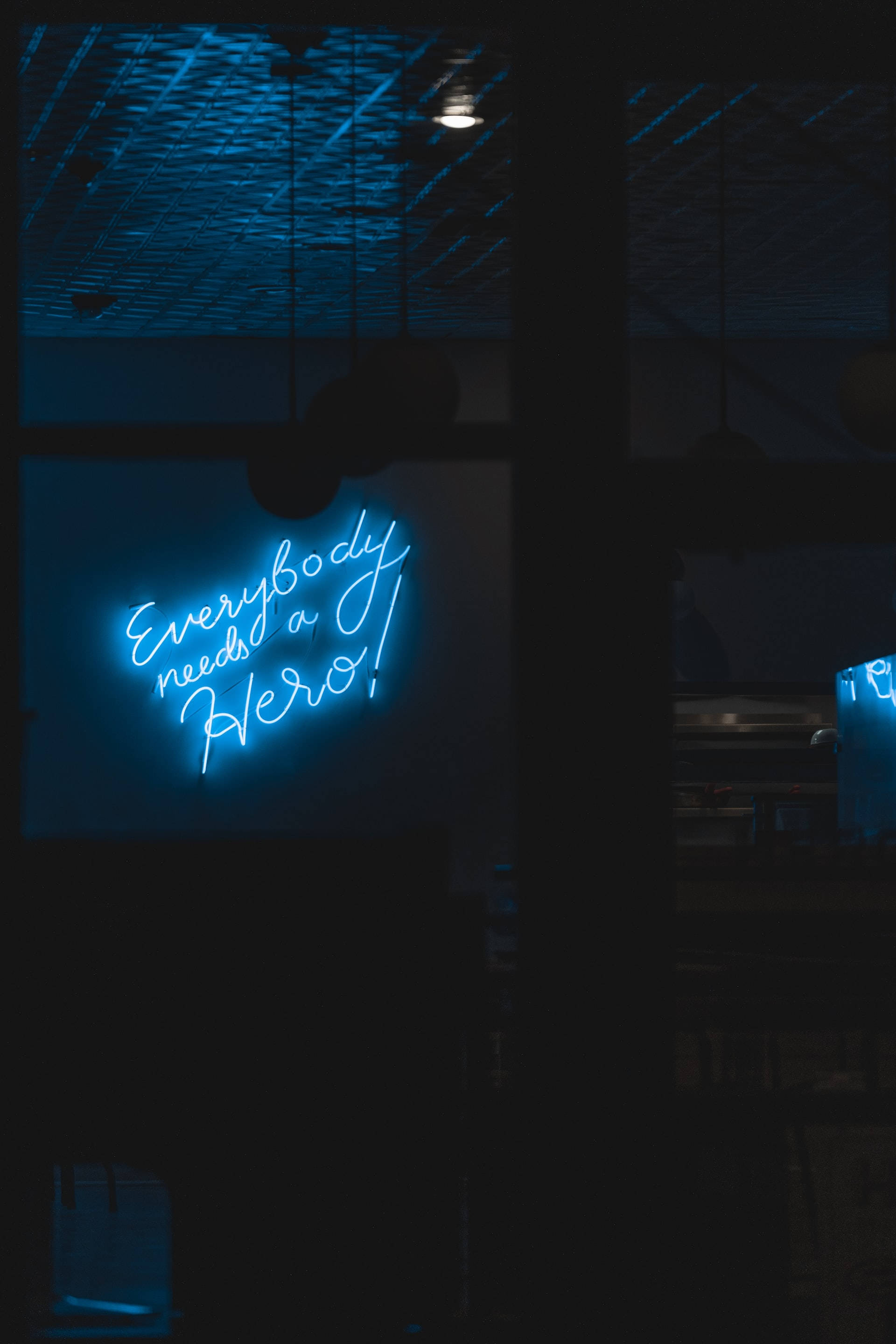 Neon Blue iPhone, Everybody needs a Hero!, glowing blue neon sign, 2K Phone Wallpaper